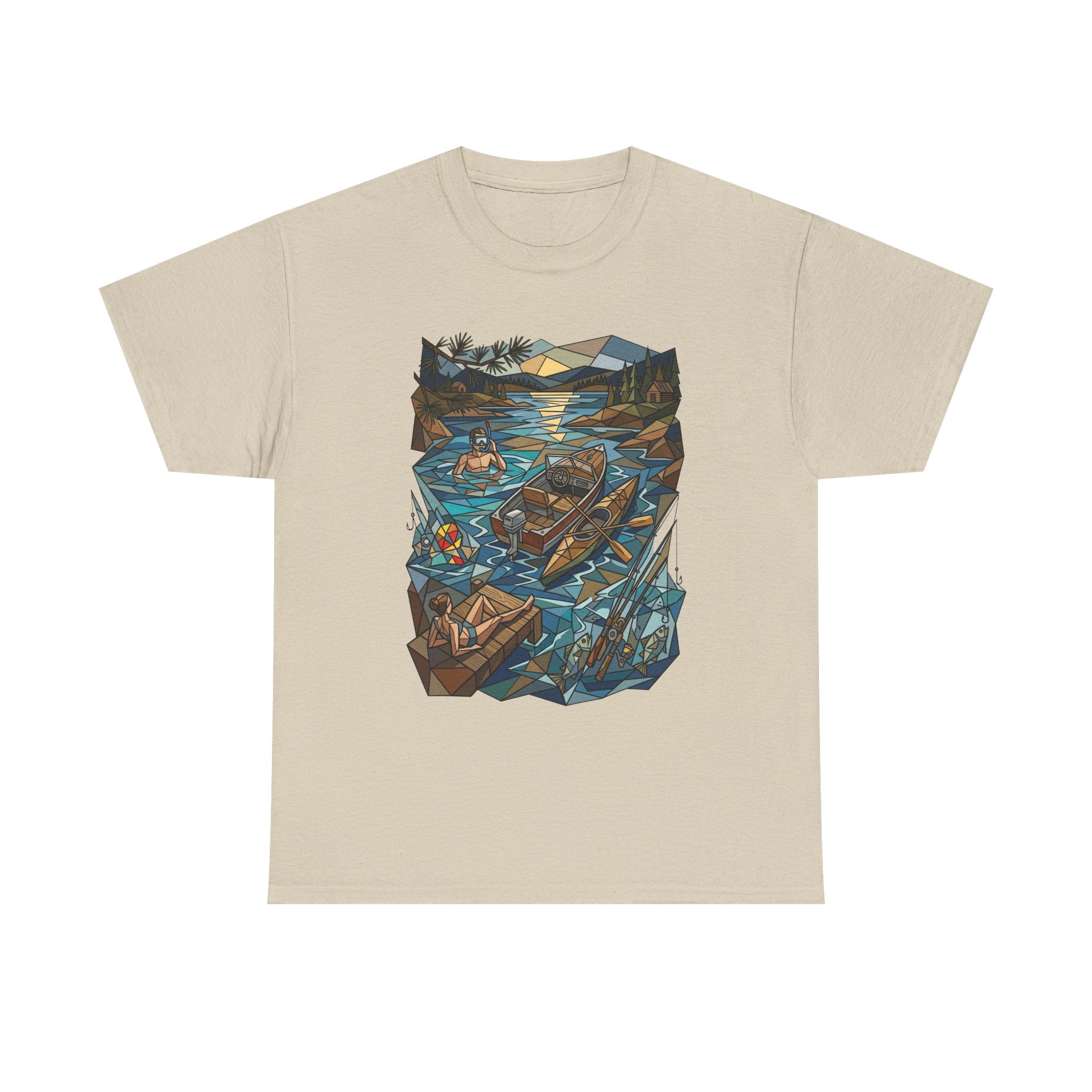 Fishing River Scene T-Shirt — Scenic Canoe & Rowboat Lake Outdoor Adventure Tee