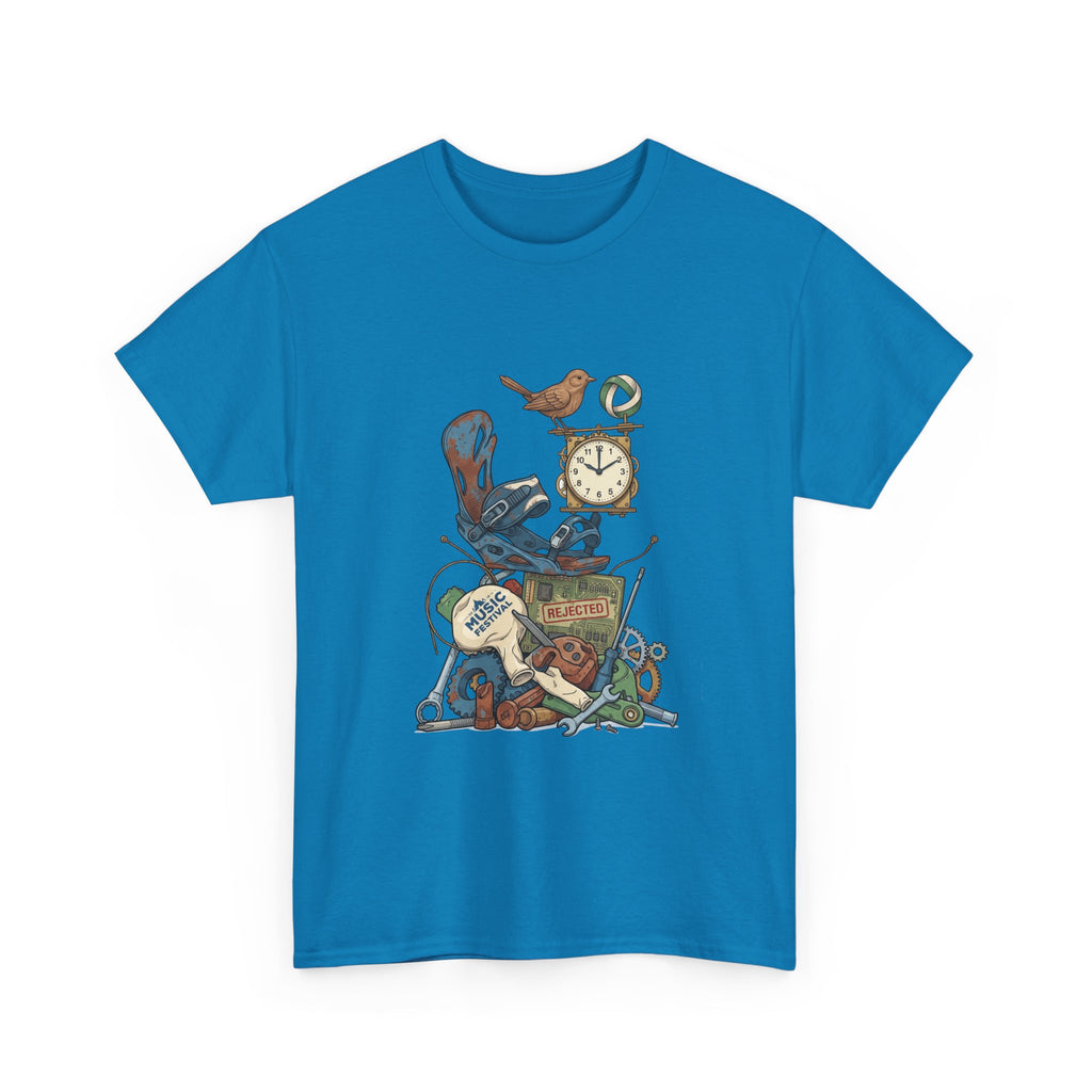 Vintage Hobbies Stack T-Shirt — Retro Clock, Guitar & Tools Illustration