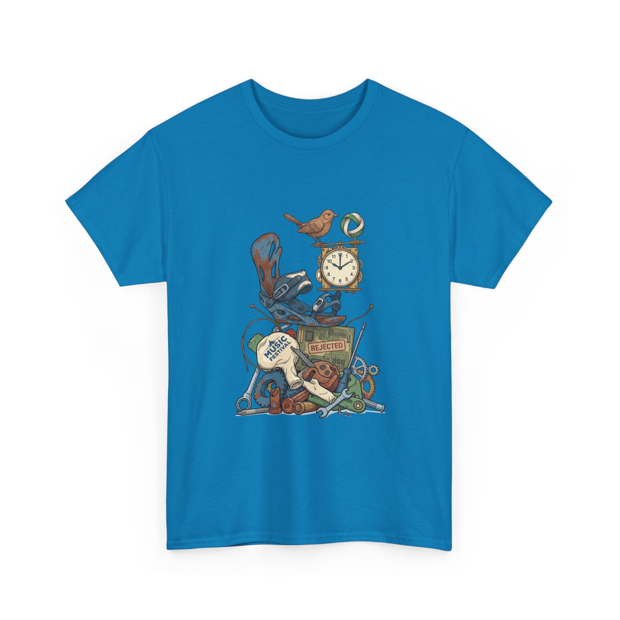 Vintage Hobbies Stack T-Shirt — Retro Clock, Guitar & Tools Illustration