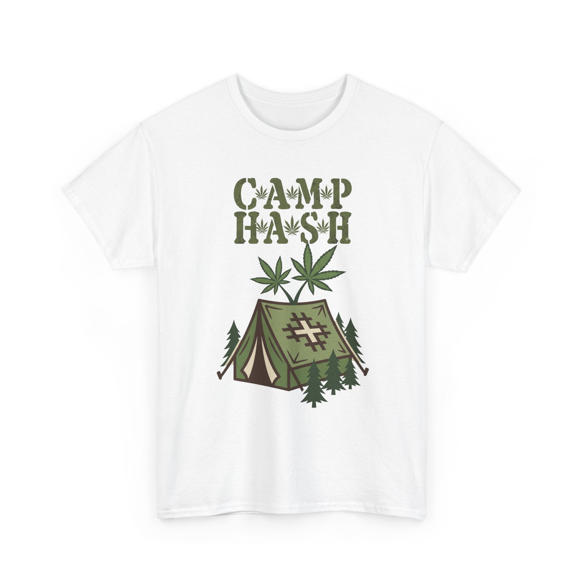 Camp Hash Cannabis Camping T‑Shirt — Retro Tent & Leaf Outdoor Smoke Tee