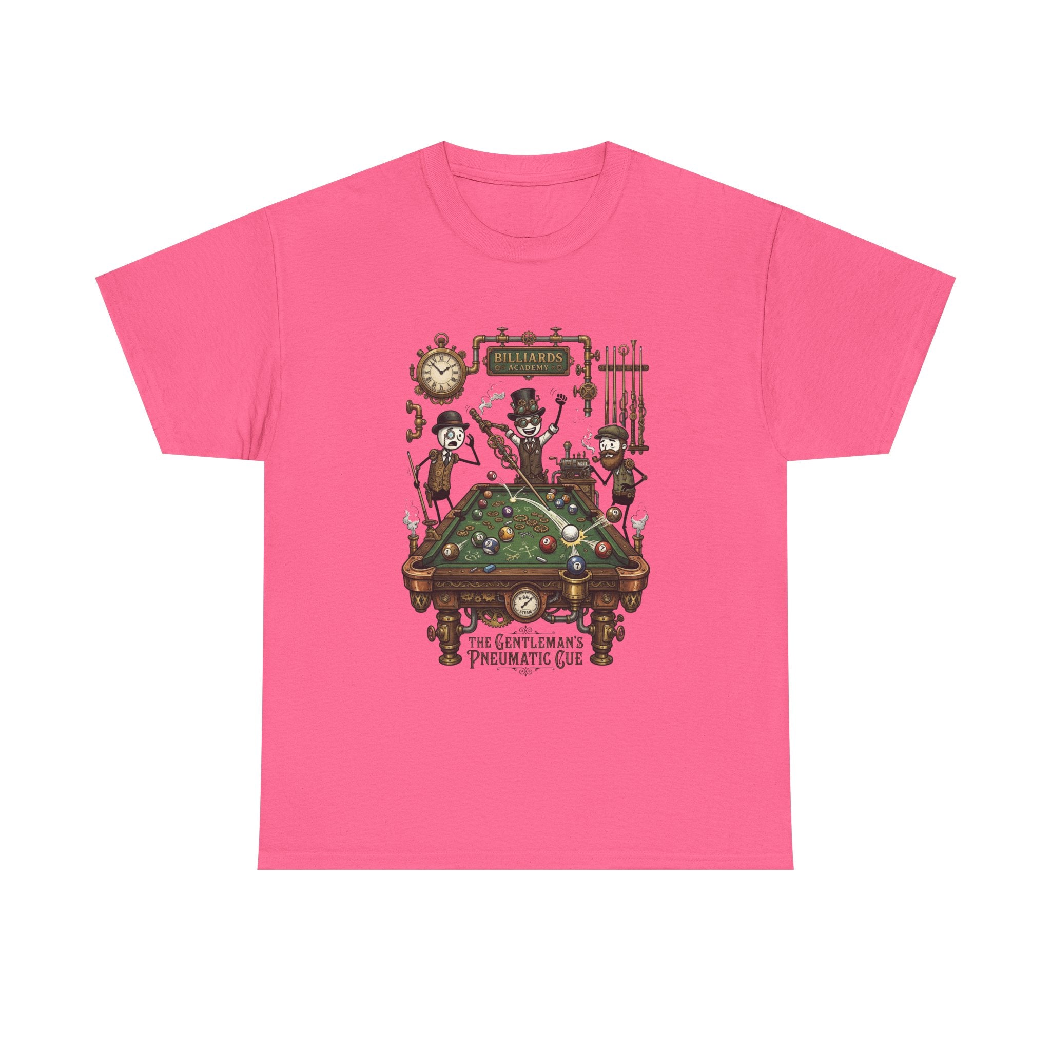 Steampunk Billiards Tee – 'The Gentleman's Pneumatic Cue' Pool Table Graphic Shirt