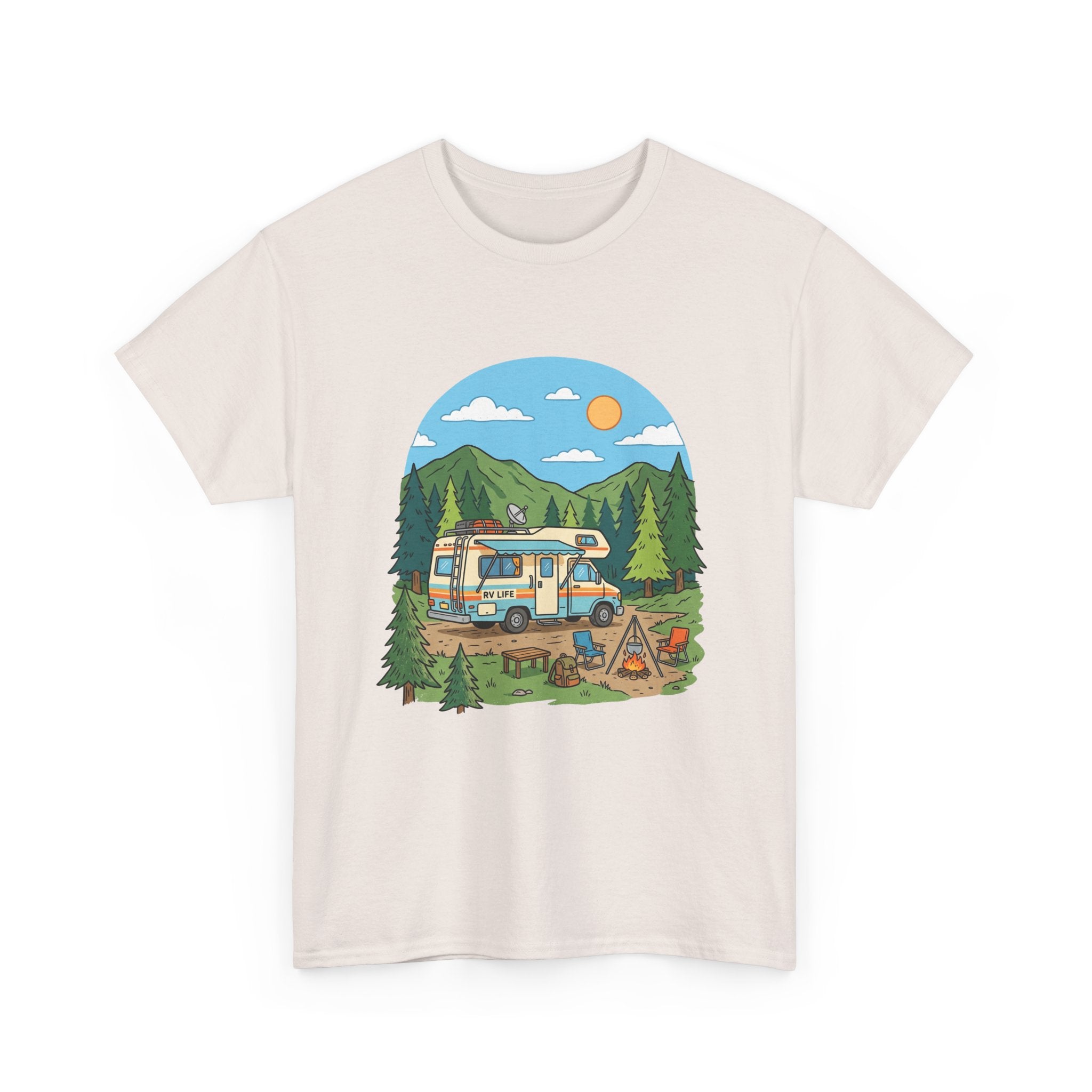 Camping Van Graphic Tee — Retro Camper Van & Campfire Outdoor Shirt