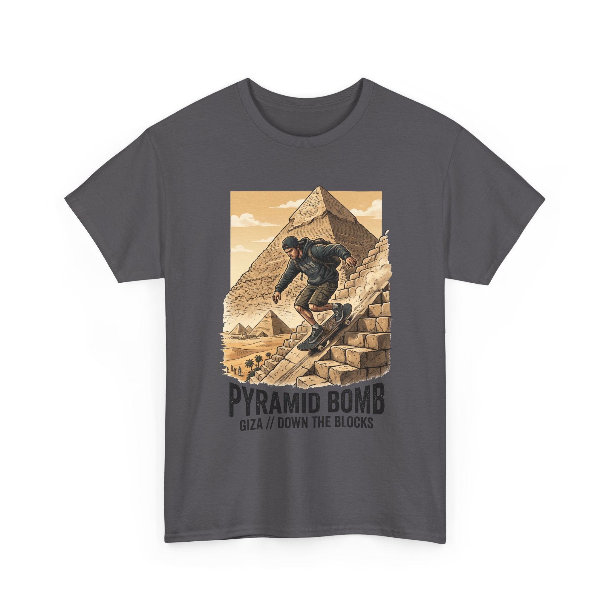 Pyramid Bomb Skateboarding T-Shirt — "Pyramid Bomb: Giza / Down The Blocks" Vintage Skate Tee