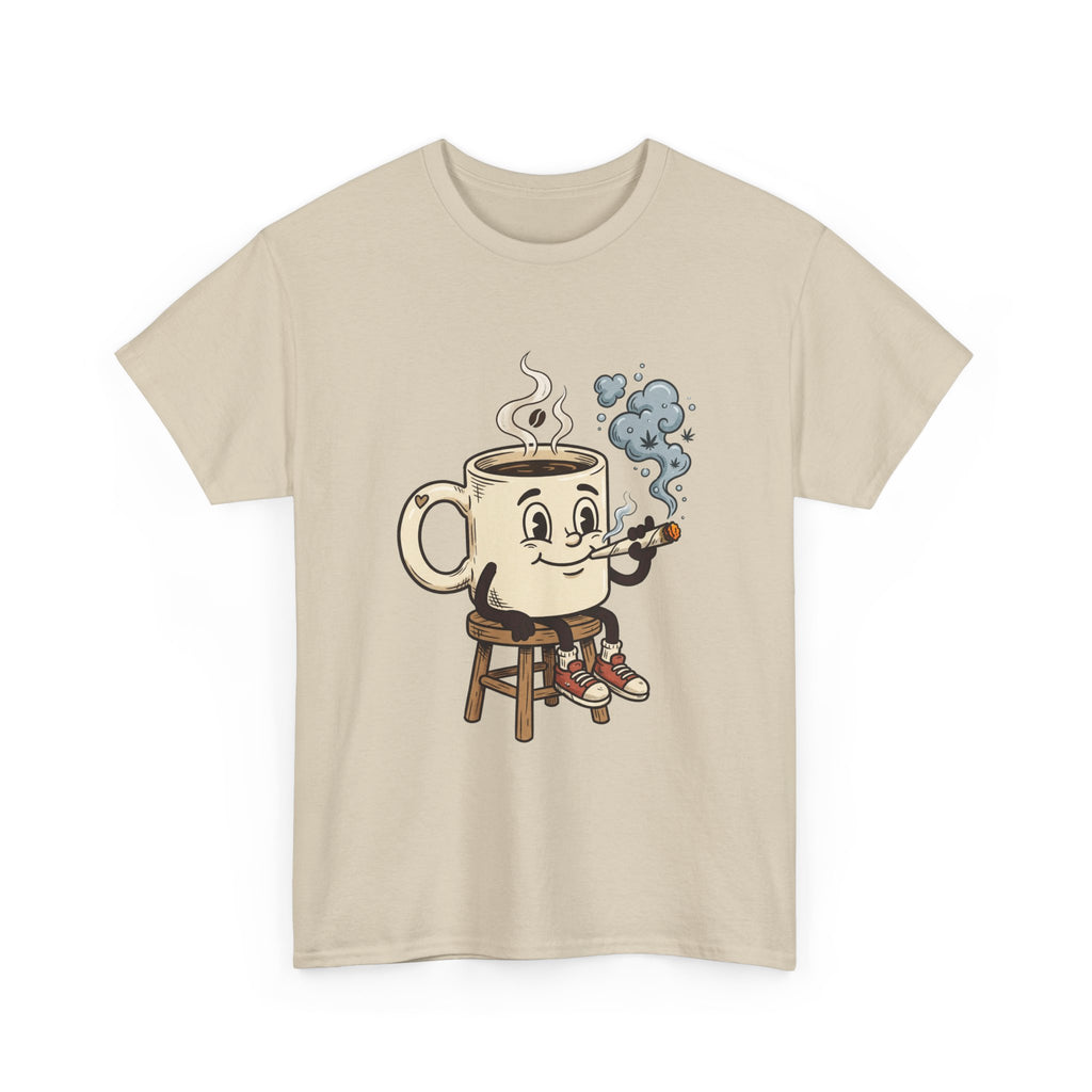 Coffee and a joint Character Tee — Retro Smiling Cup Smoking weed Graphic T-Shirt