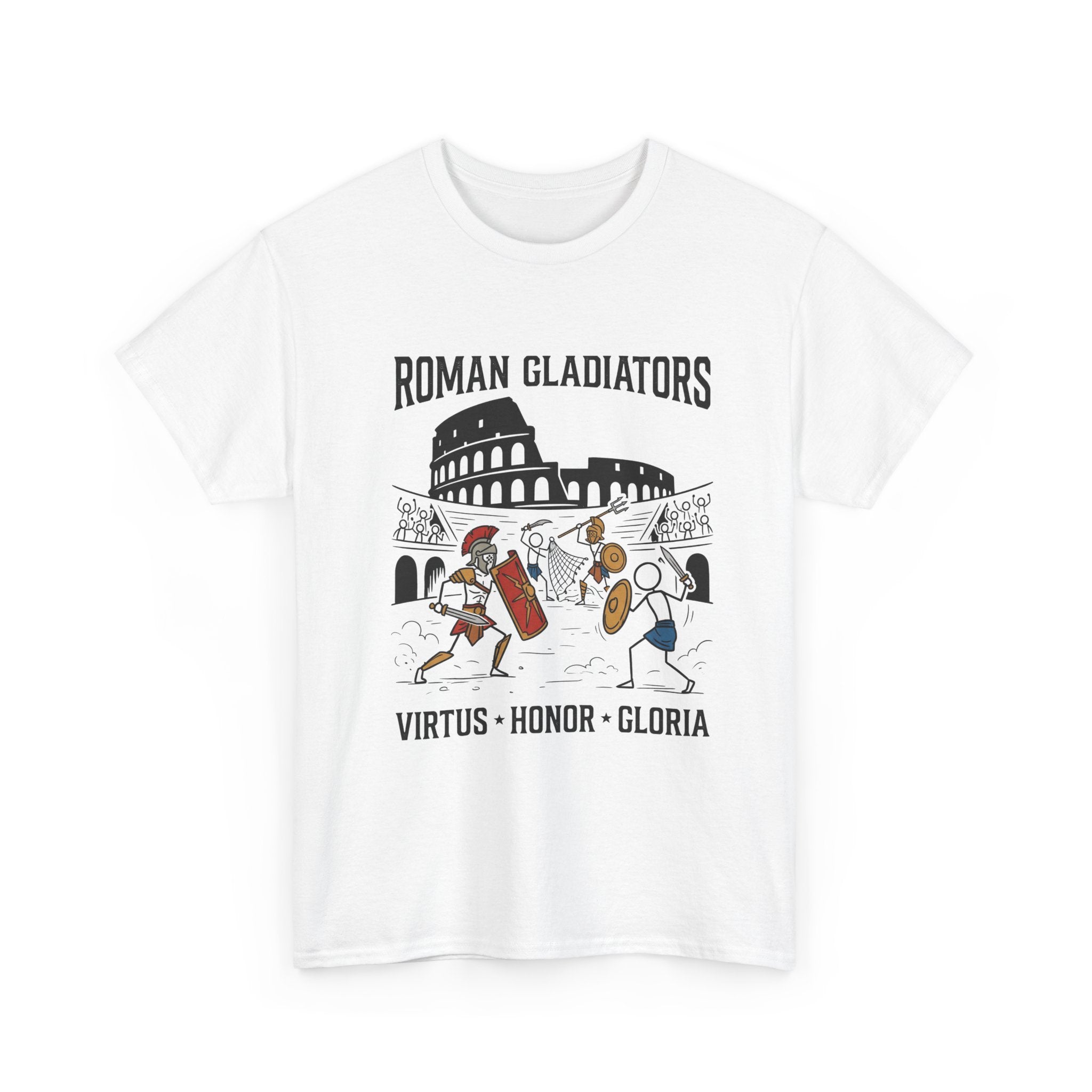 Roman Gladiators T-Shirt — Colosseum Design with "Virtus • Honor • Gloria"