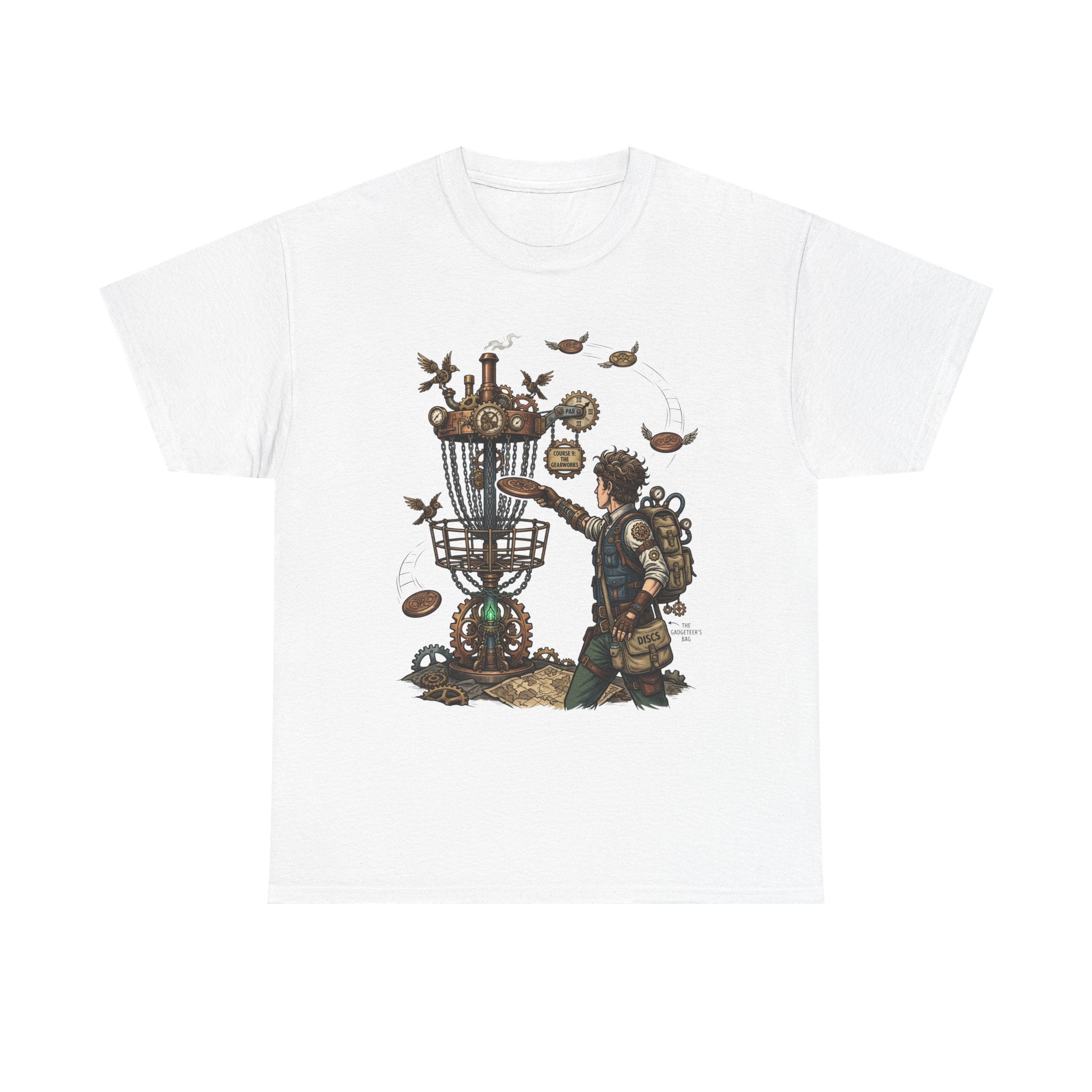 Disc Golf Adventure T‑Shirt — Steampunk Player & Birdie Basket Graphic Tee