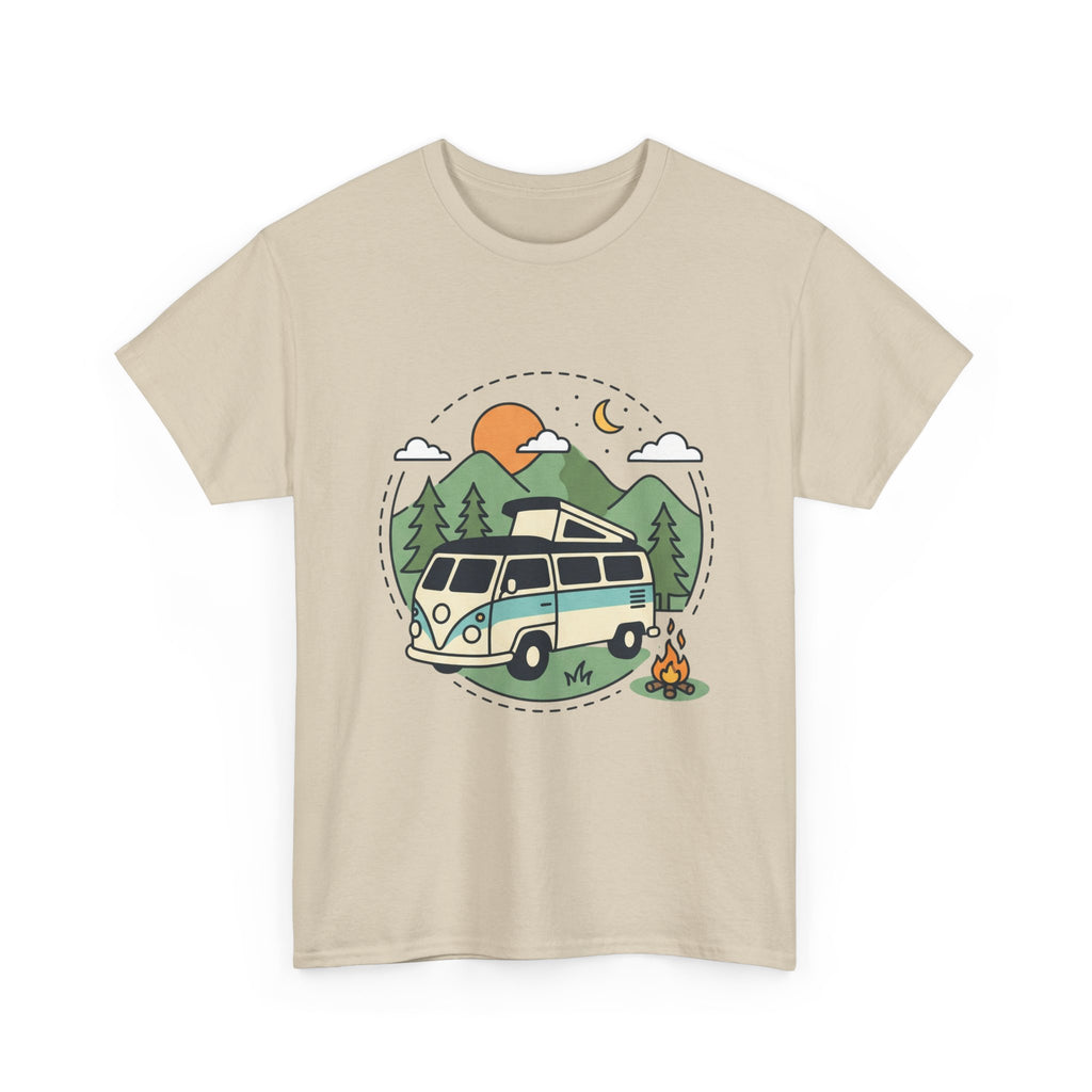Camper Van Camping T‑Shirt — Retro Van, Mountains & Campfire Tee