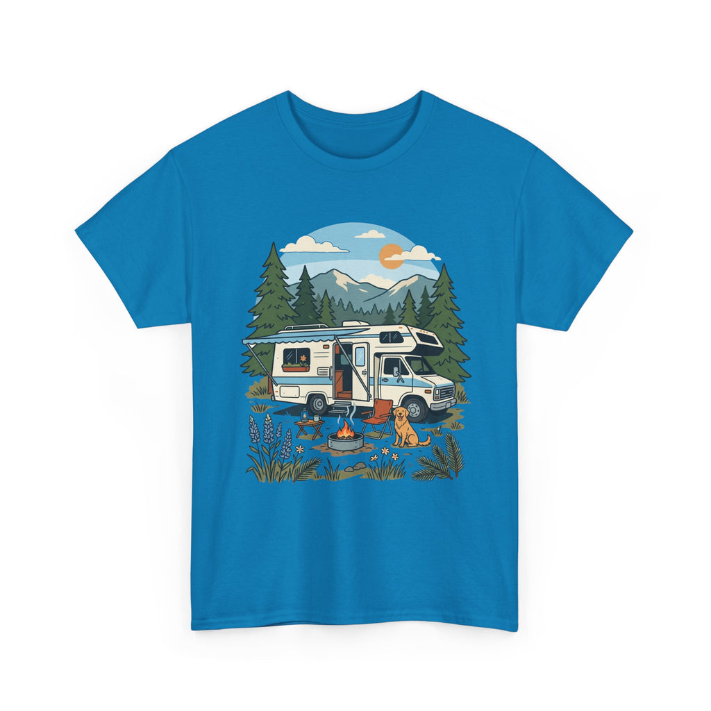 Camper Van Camping T‑Shirt — Retro RV Campfire Graphic Tee for Outdoors Lovers