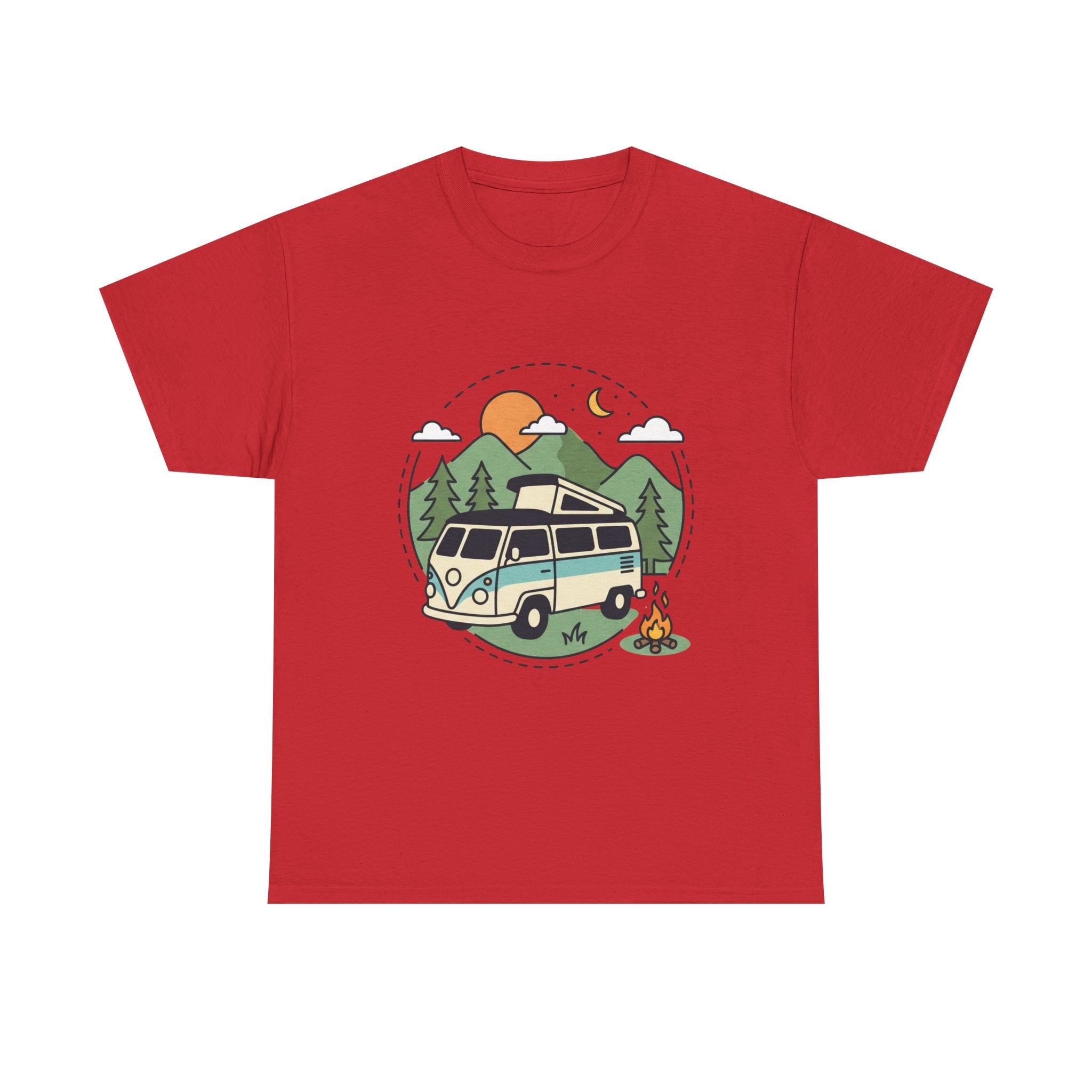 Camper Van Camping T‑Shirt — Retro Van, Mountains & Campfire Tee
