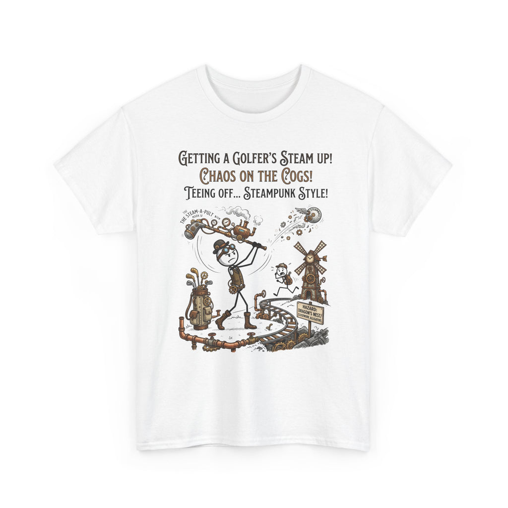 Steampunk Golf T-Shirt - "Getting a Golfer's Steam Up! Chaos on the Cogs" Graphic Tee