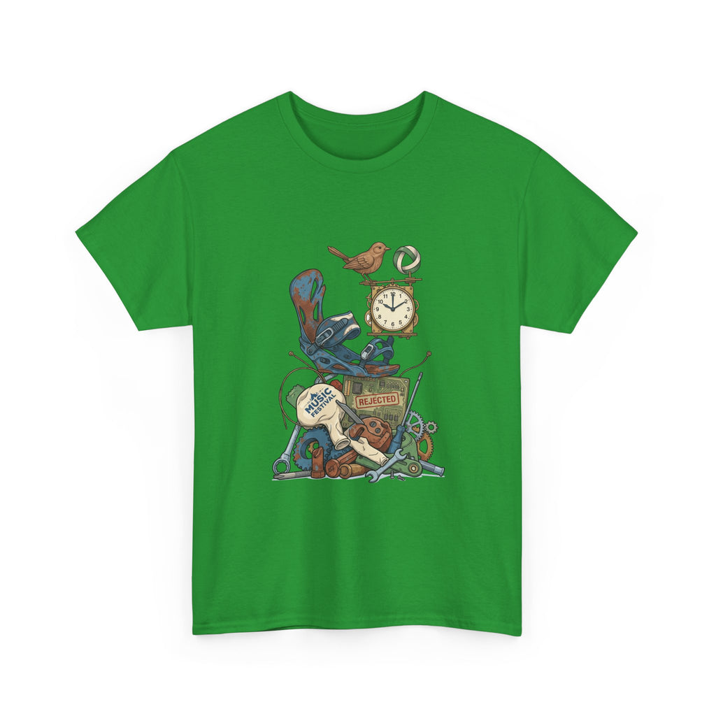 Vintage Hobbies Stack T-Shirt — Retro Clock, Guitar & Tools Illustration