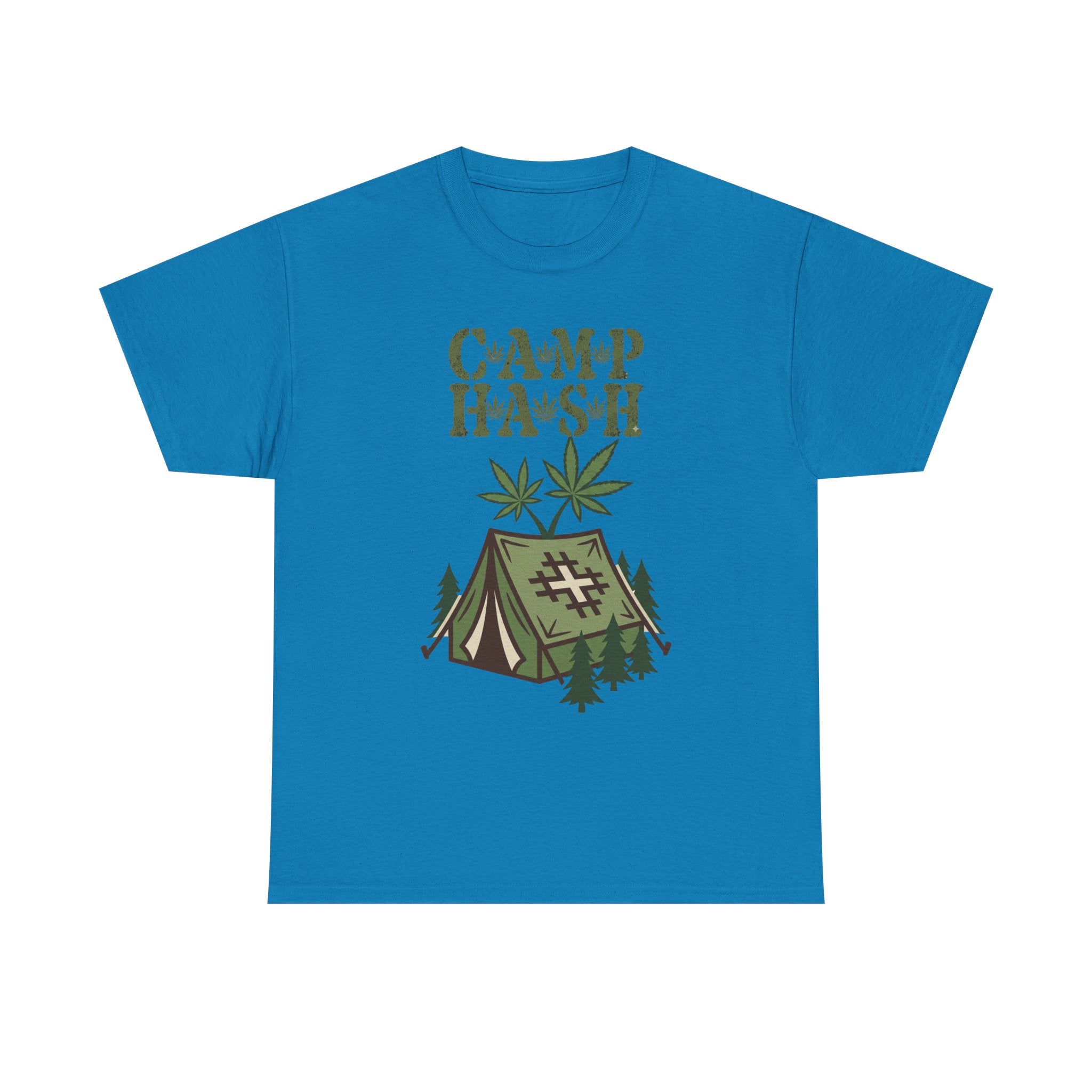 Camp Hash Cannabis Camping T‑Shirt — Retro Tent & Leaf Outdoor Smoke Tee