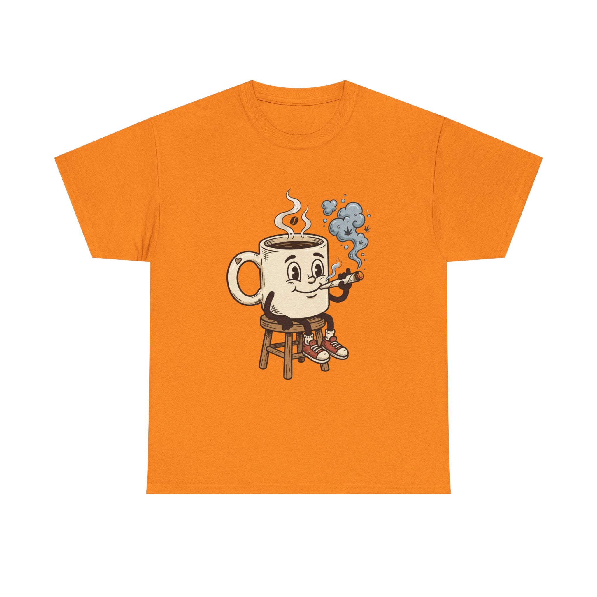 Coffee and a joint Character Tee — Retro Smiling Cup Smoking weed Graphic T-Shirt
