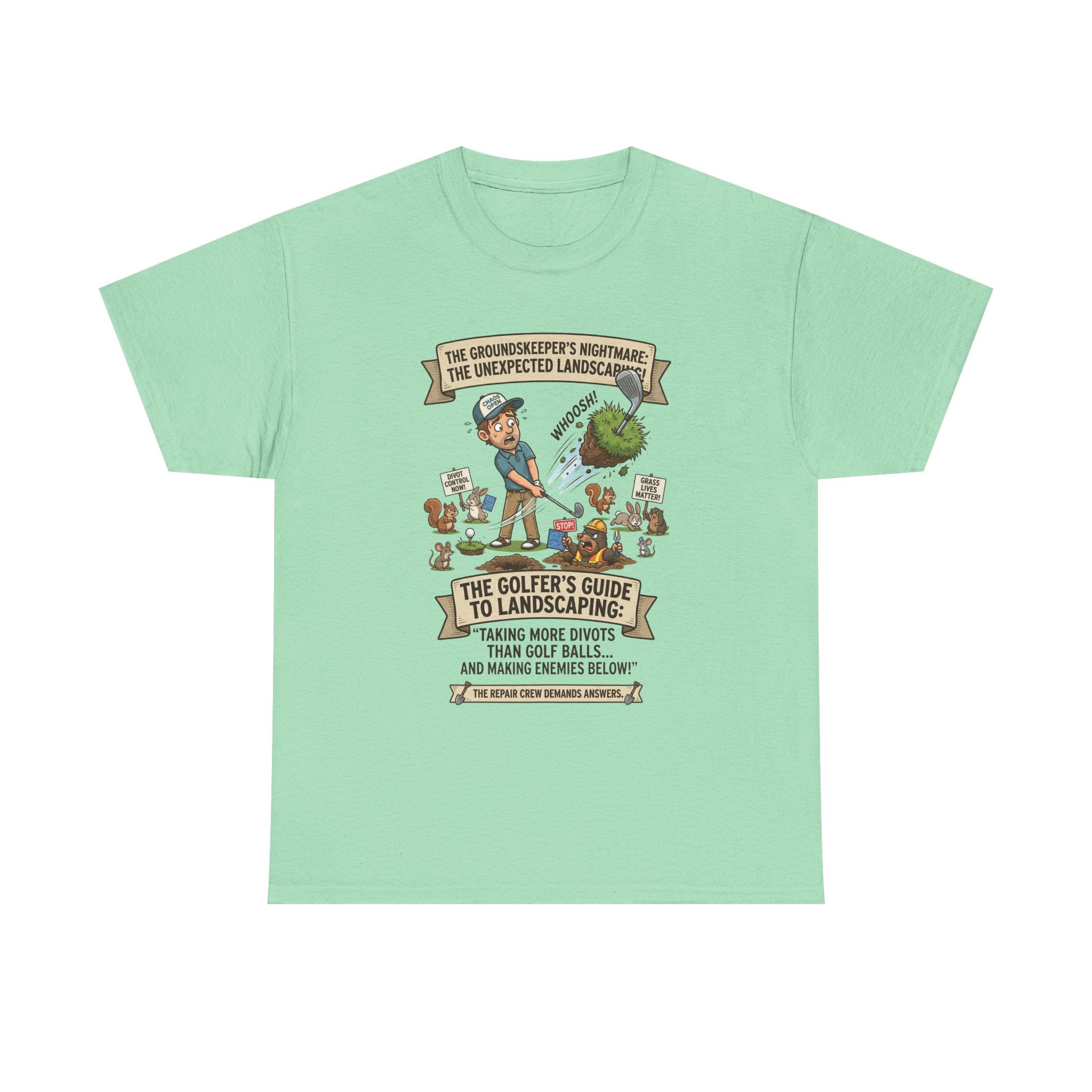 Golf T-Shirt — "The Golfer’s Guide to Landscaping" Funny Divot Course Humor Tee