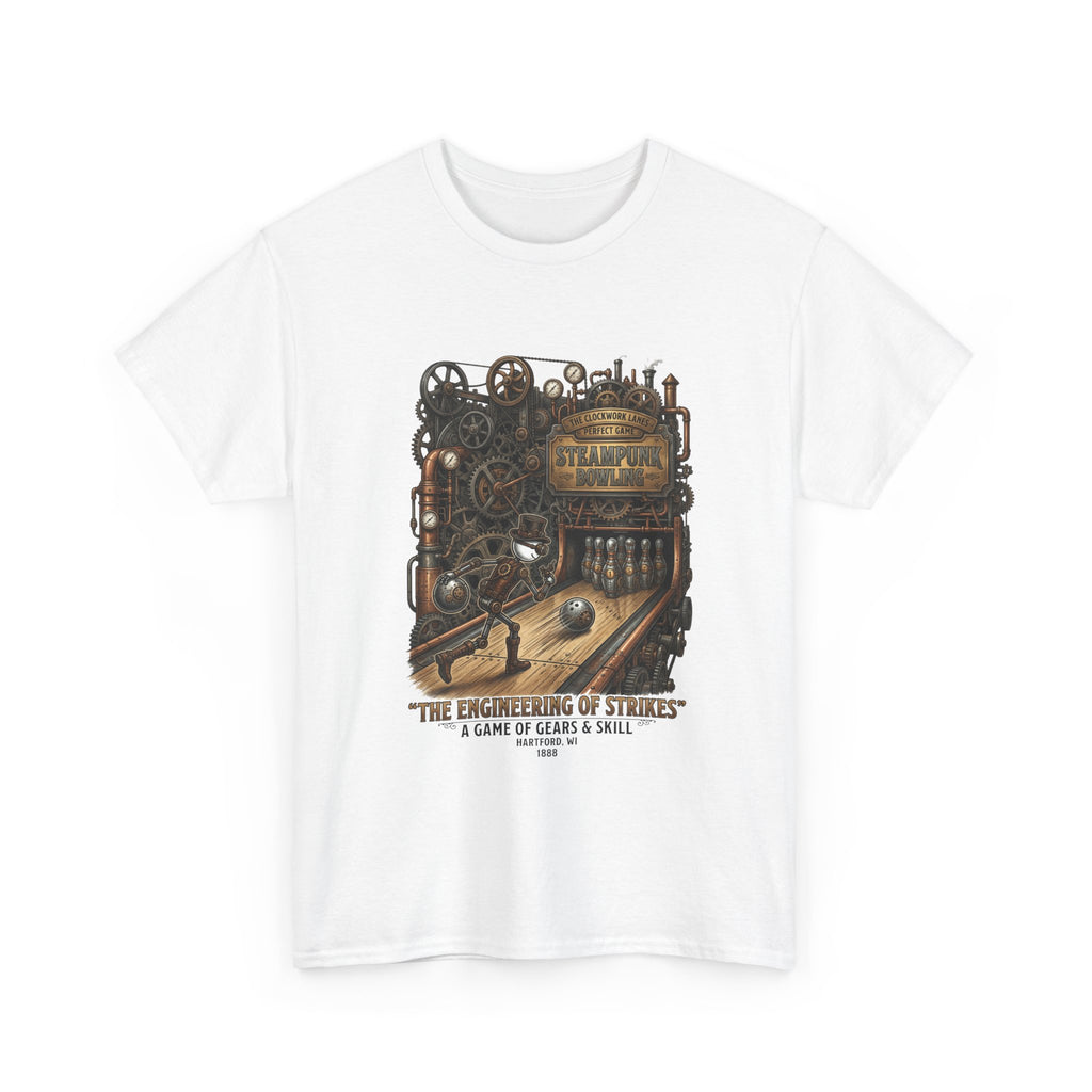 Steampunk Bowling T-Shirt — "The Engineering of Strikes" Vintage Gears Design