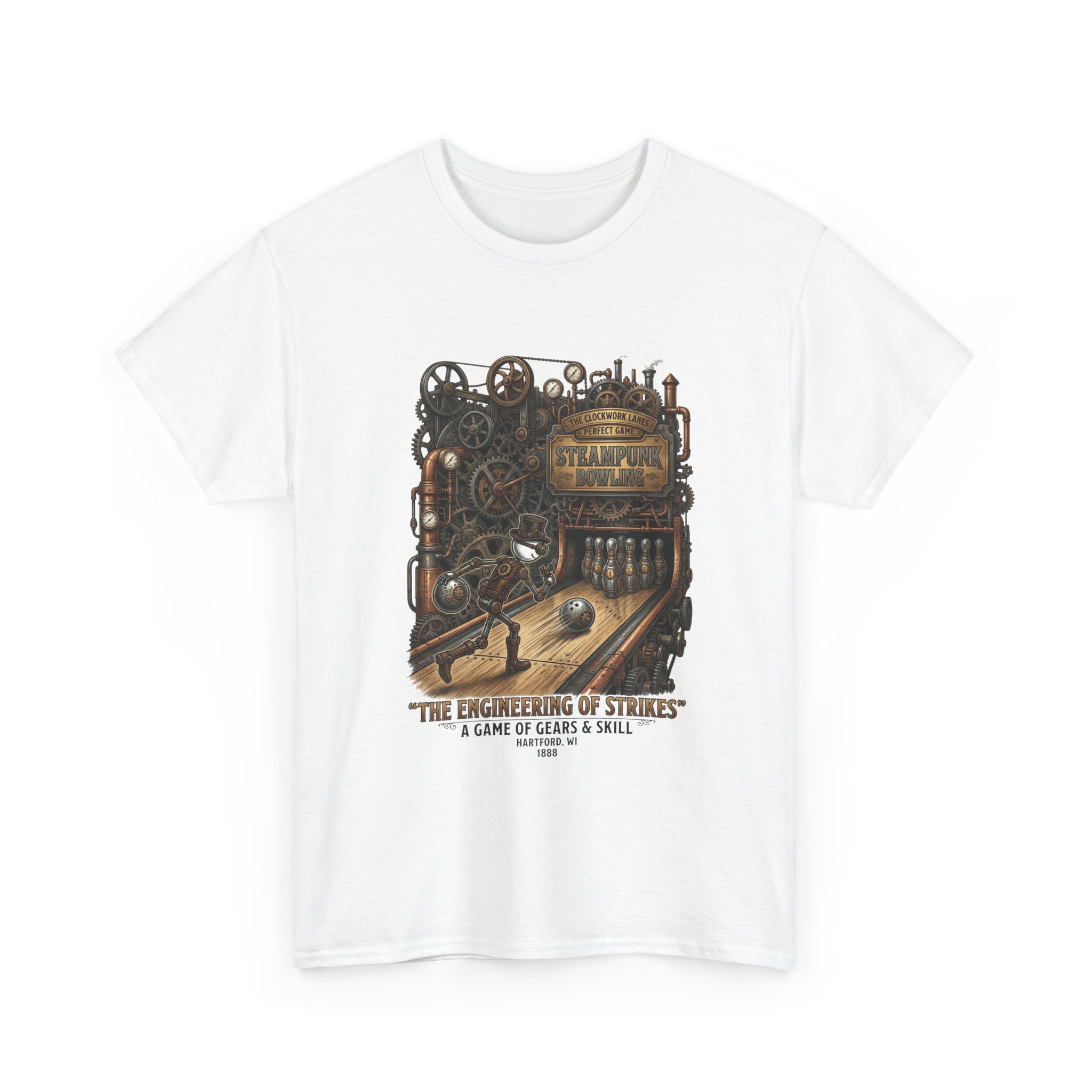Steampunk Bowling T-Shirt — "The Engineering of Strikes" Vintage Gears Design