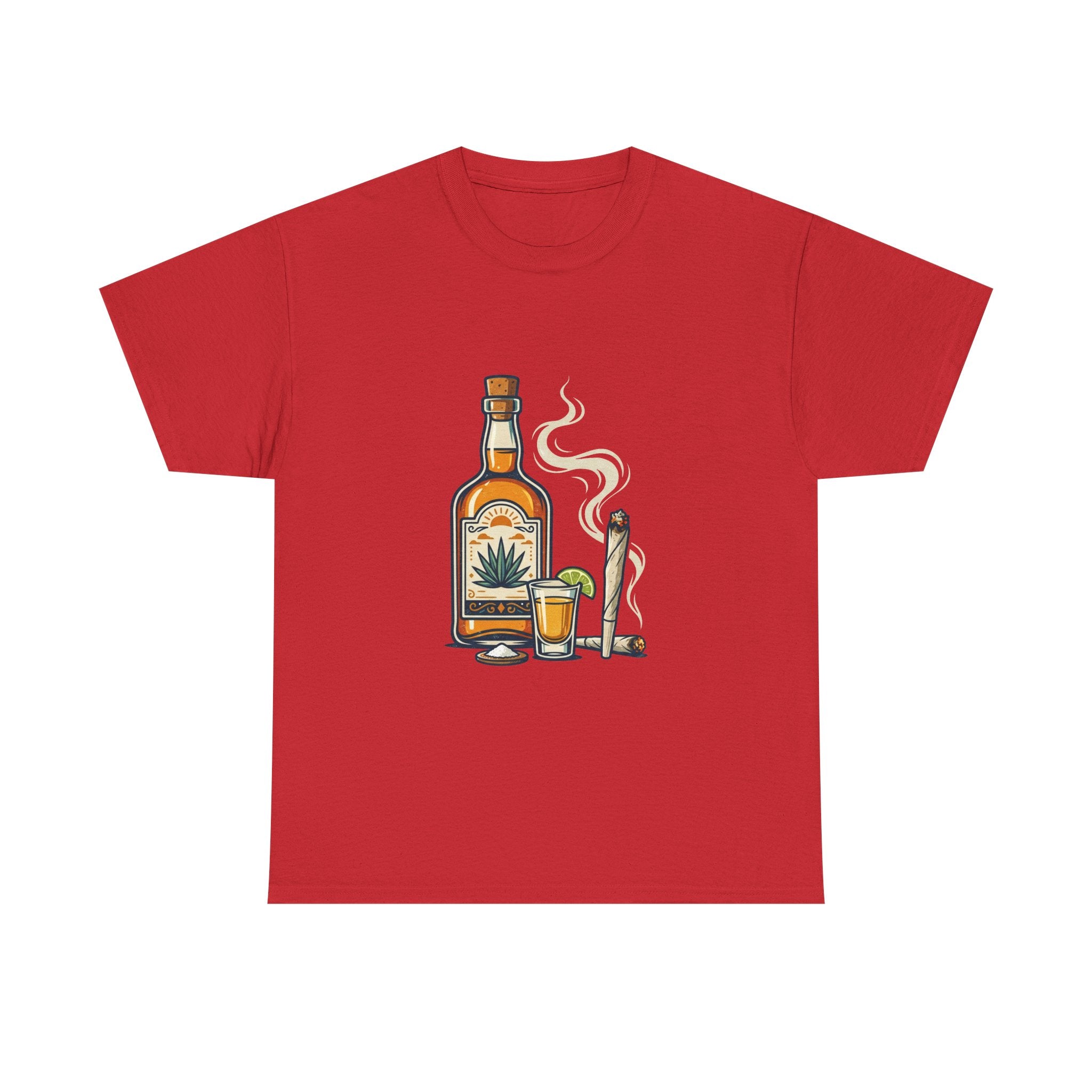 Tequila & Joint T-Shirt — Mexican Agave Bottle with Shot Glass and Joint Graphic