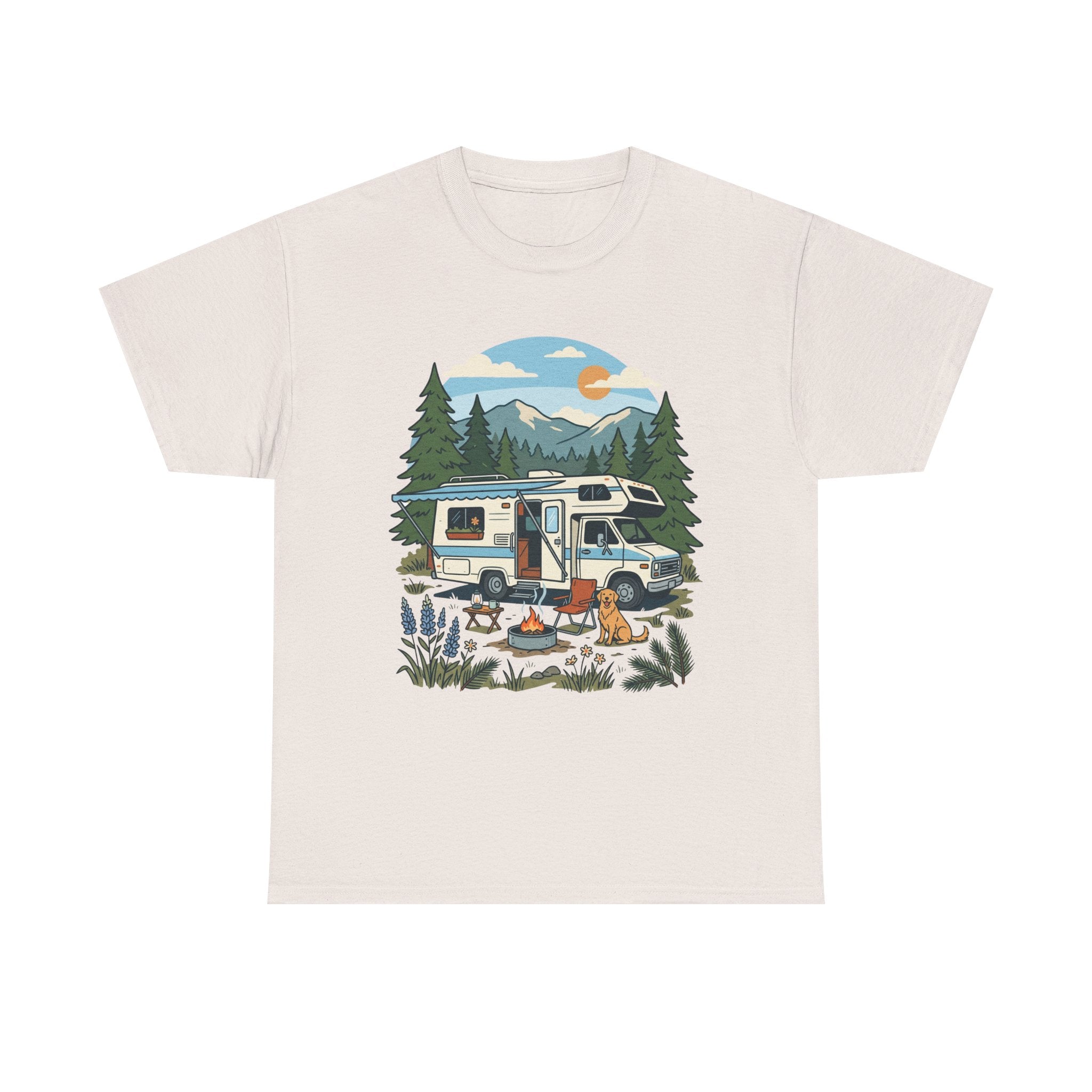 Camper Van Camping T‑Shirt — Retro RV Campfire Graphic Tee for Outdoors Lovers