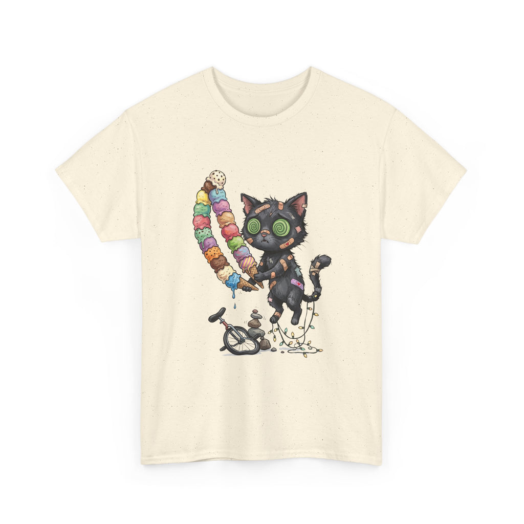 Cat with Ice Cream Graphic Tee — Cute Retro Kawaii Black Cat Holding Rainbow Ice Cream