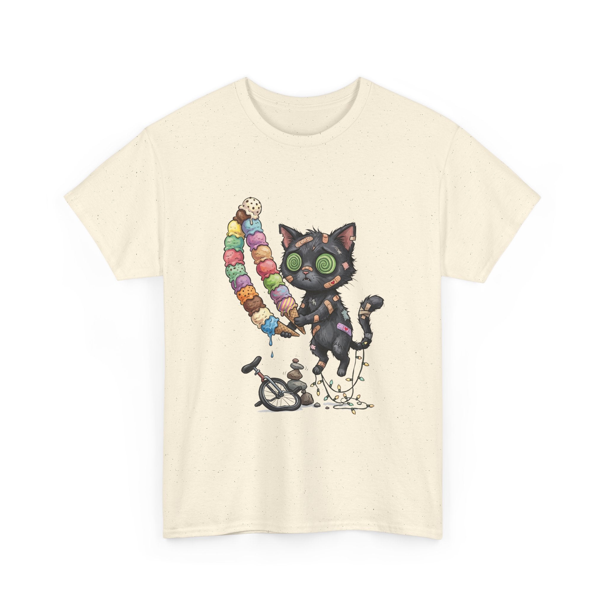 Cat with Ice Cream Graphic Tee — Cute Retro Kawaii Black Cat Holding Rainbow Ice Cream