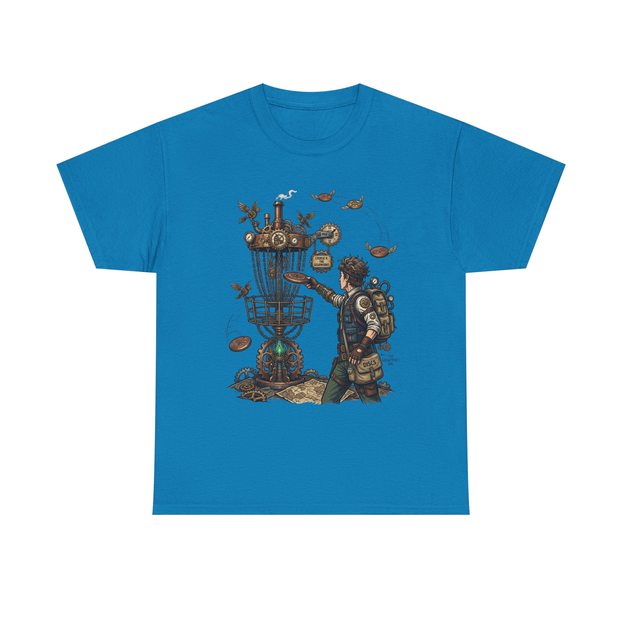 Disc Golf Adventure T‑Shirt — Steampunk Player & Birdie Basket Graphic Tee