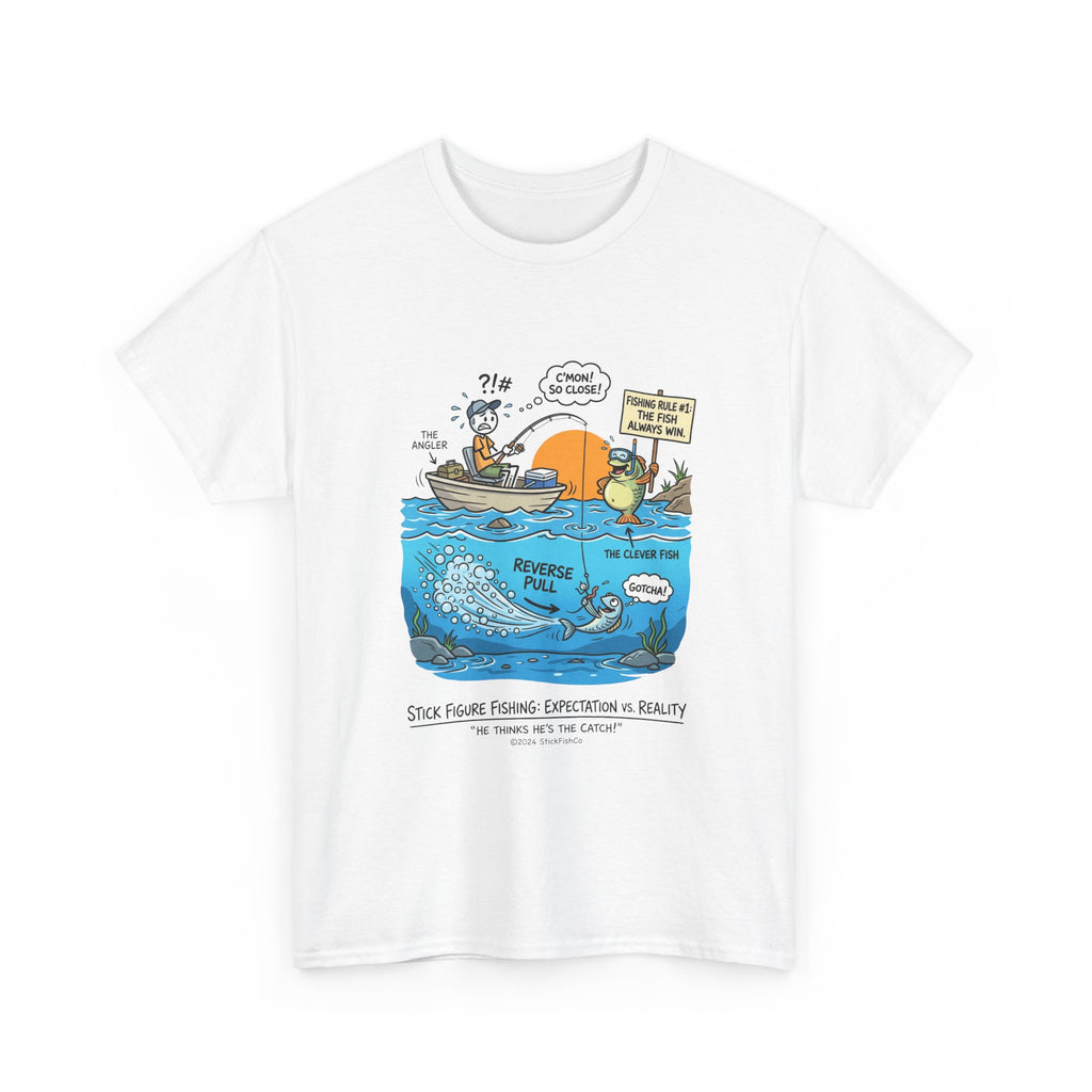 Fishing Cartoon T-Shirt — 'Reverse Take' Sunset Boating Tee