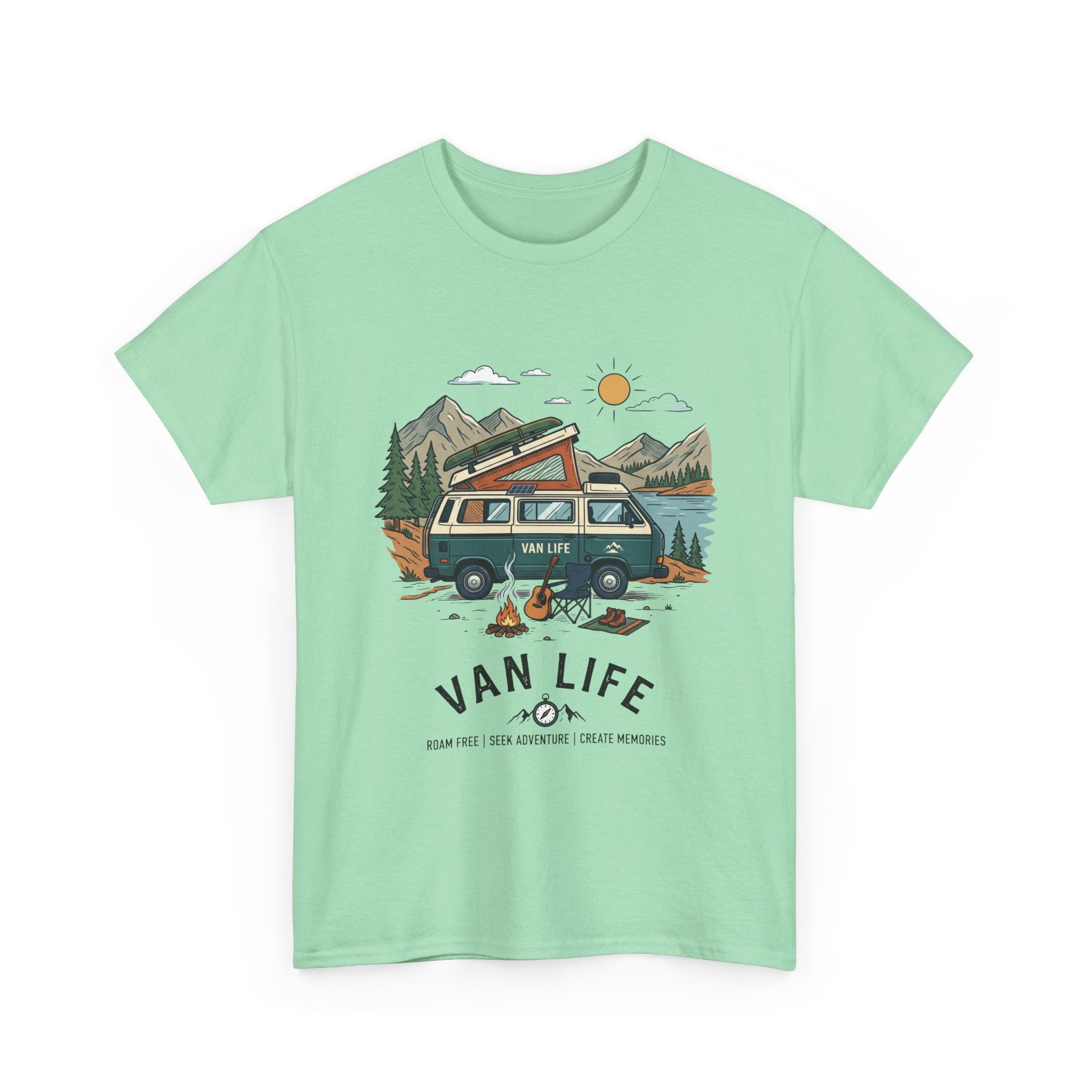 Van Life Camper T-Shirt — Retro Adventure Tee with Campfire Graphic