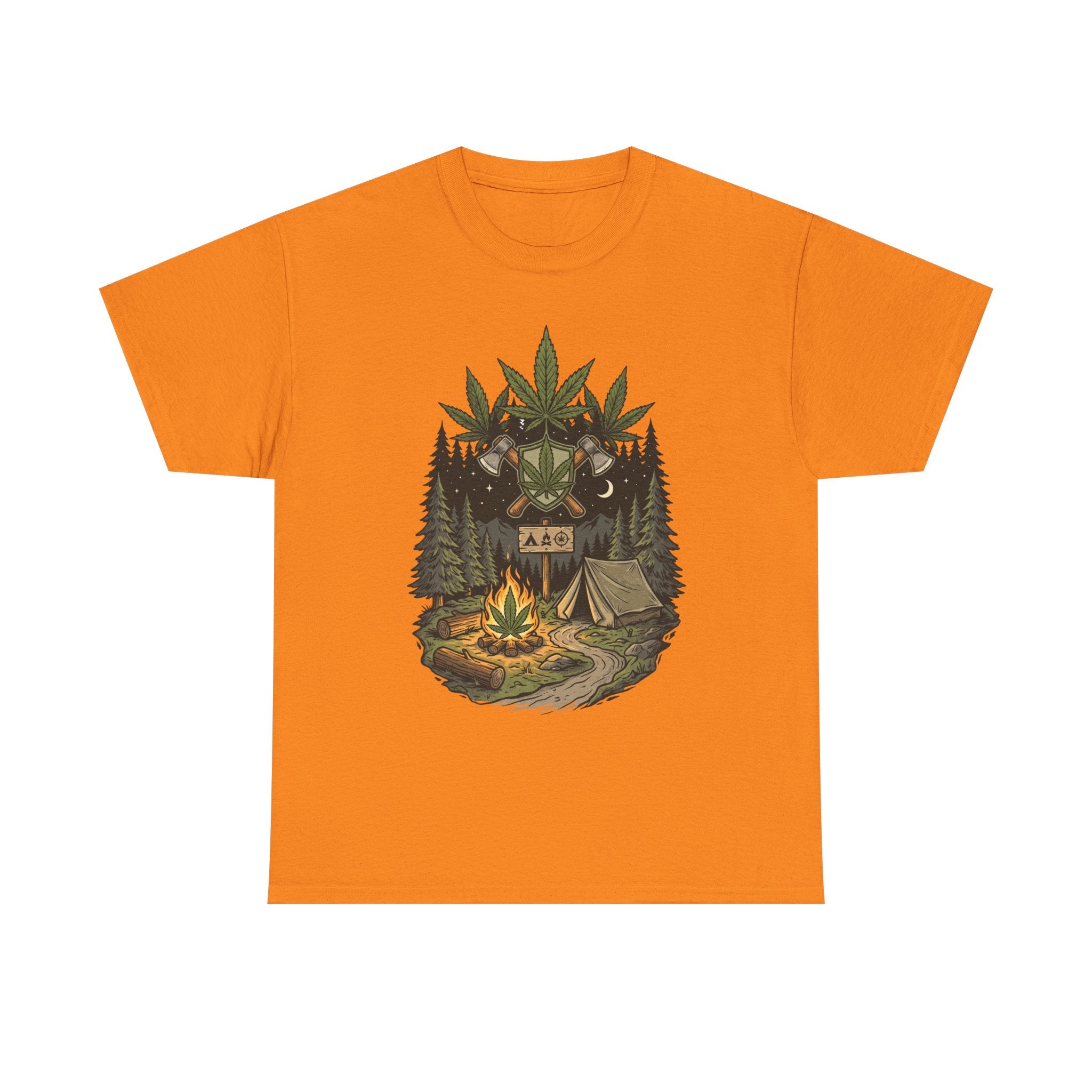 Camping Bear Graphic Tee — Forest Campfire & Leaf Emblem T-Shirt
