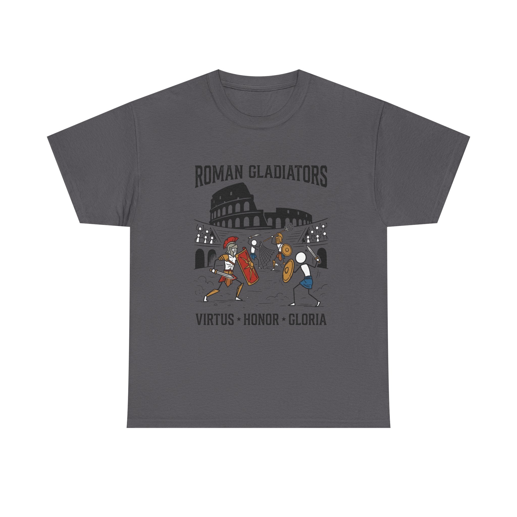 Roman Gladiators T-Shirt — Colosseum Design with "Virtus • Honor • Gloria"