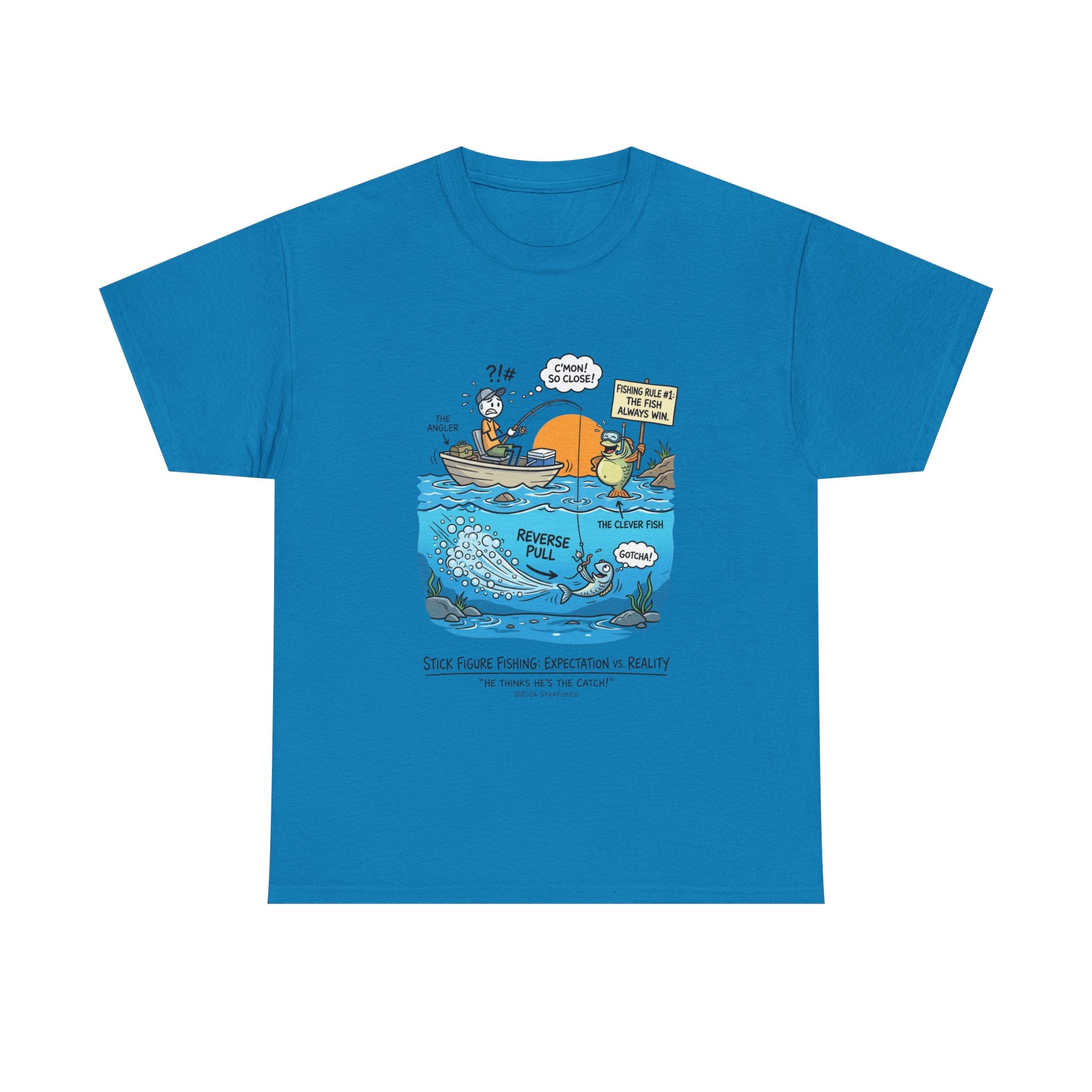 Fishing Cartoon T-Shirt — 'Reverse Take' Sunset Boating Tee