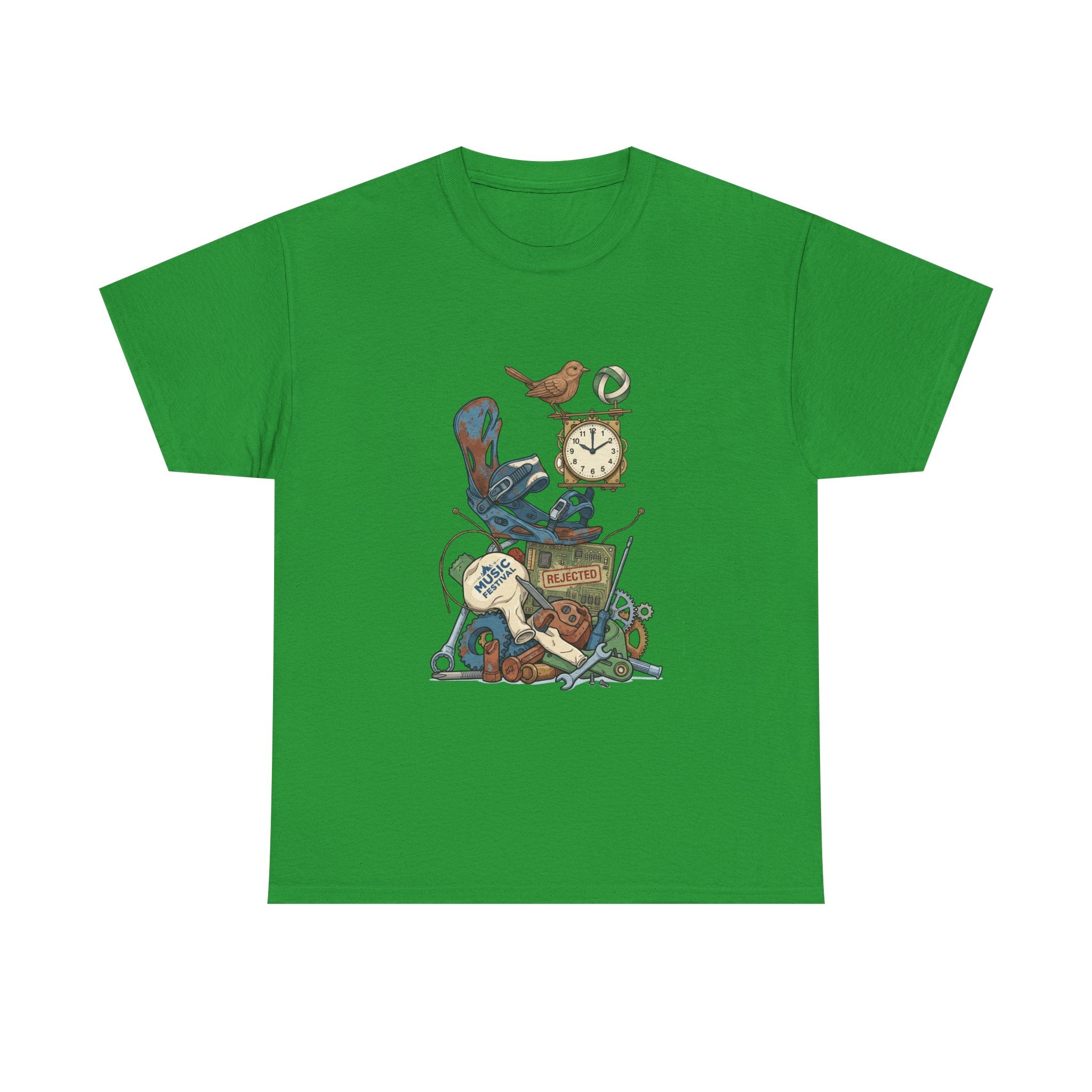 Vintage Hobbies Stack T-Shirt — Retro Clock, Guitar & Tools Illustration