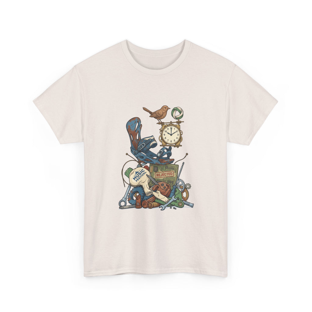 Vintage Hobbies Stack T-Shirt — Retro Clock, Guitar & Tools Illustration