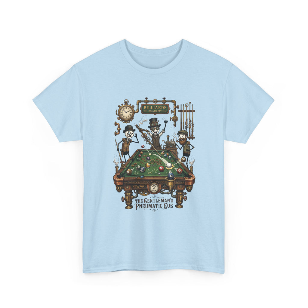 Steampunk Billiards Tee – 'The Gentleman's Pneumatic Cue' Pool Table Graphic Shirt