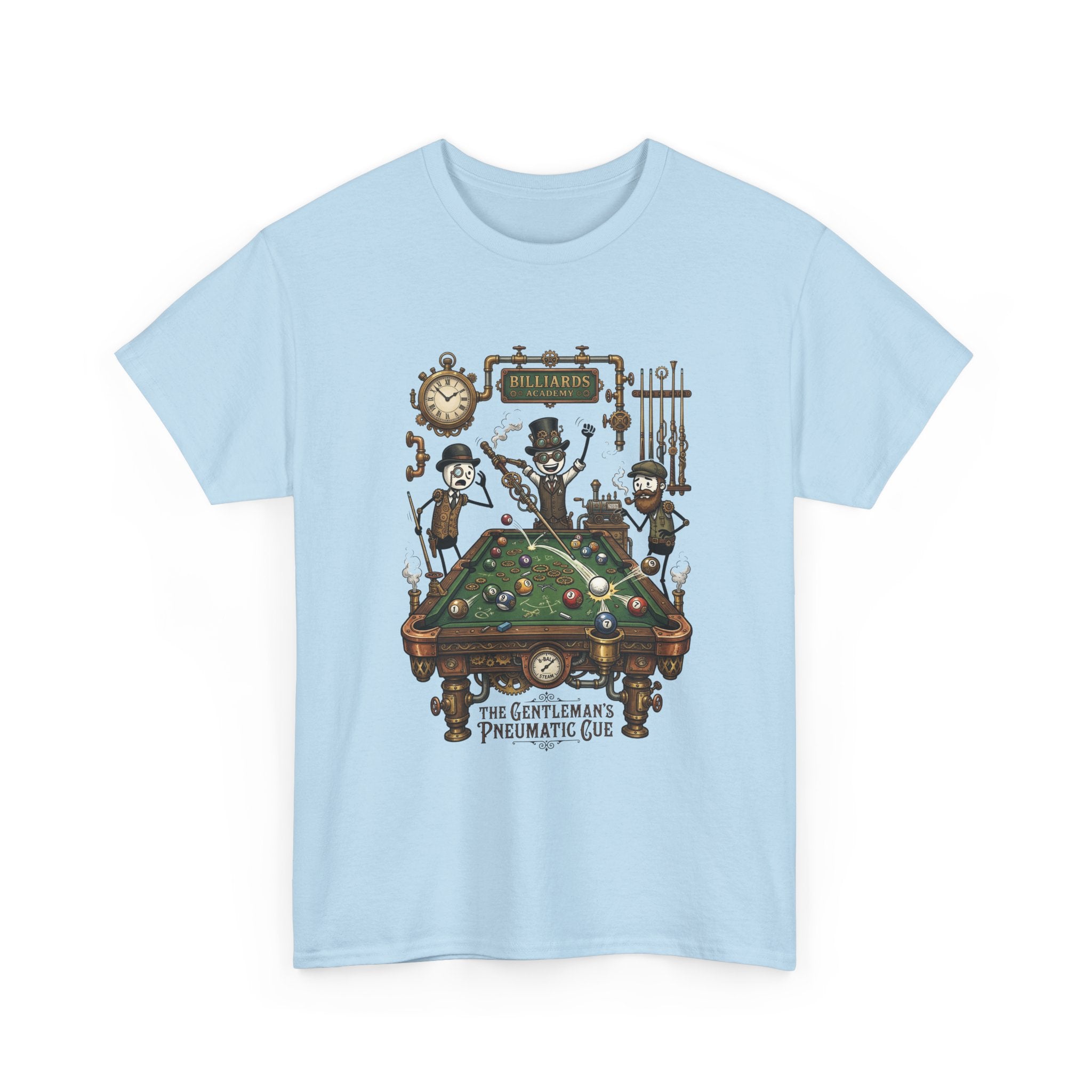 Steampunk Billiards Tee – 'The Gentleman's Pneumatic Cue' Pool Table Graphic Shirt