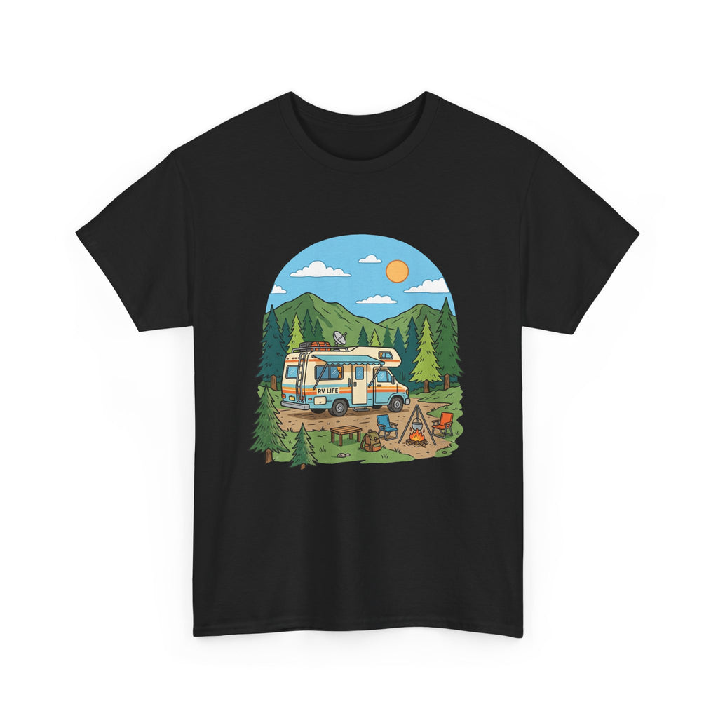 Camping Van Graphic Tee — Retro Camper Van & Campfire Outdoor Shirt
