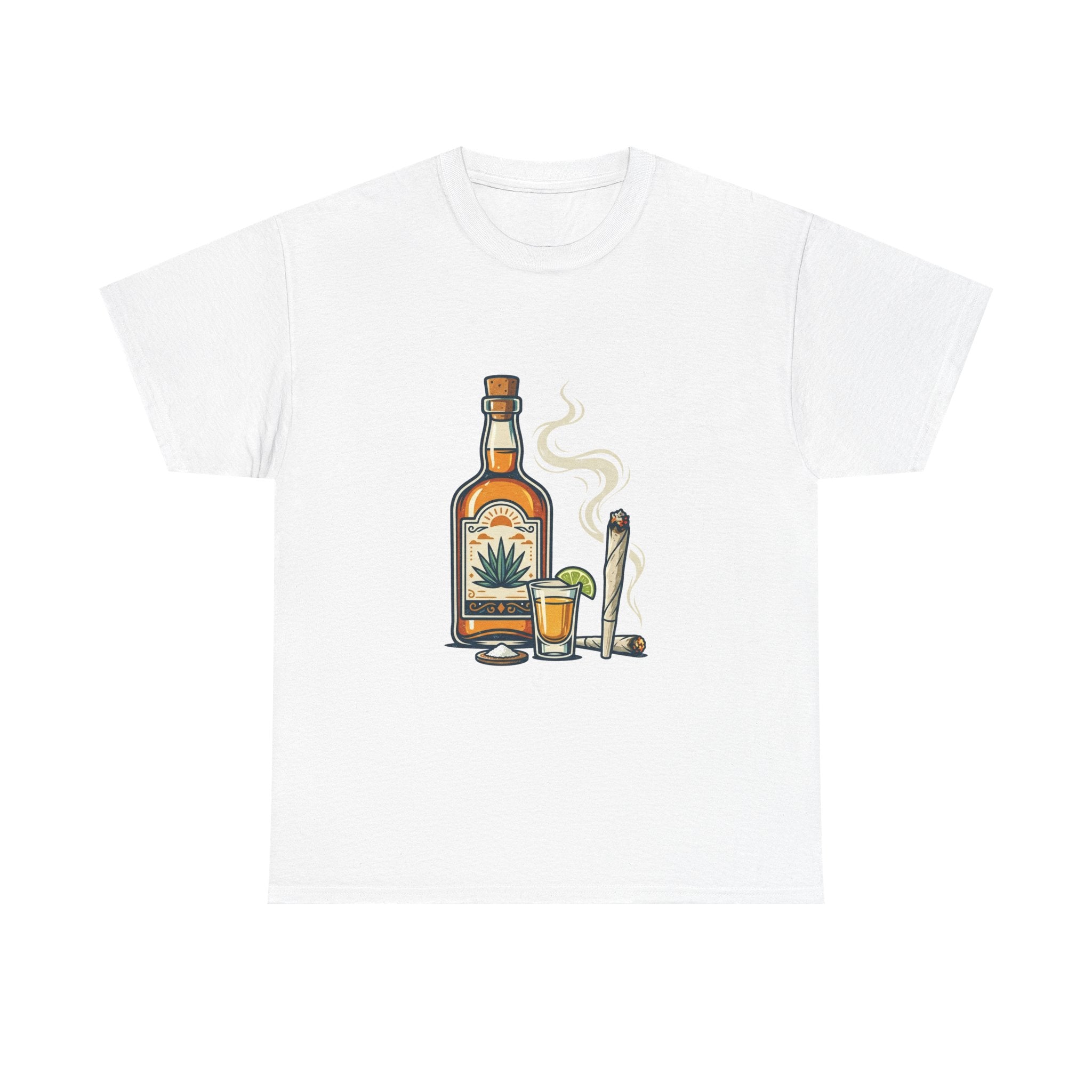Tequila & Joint T-Shirt — Mexican Agave Bottle with Shot Glass and Joint Graphic