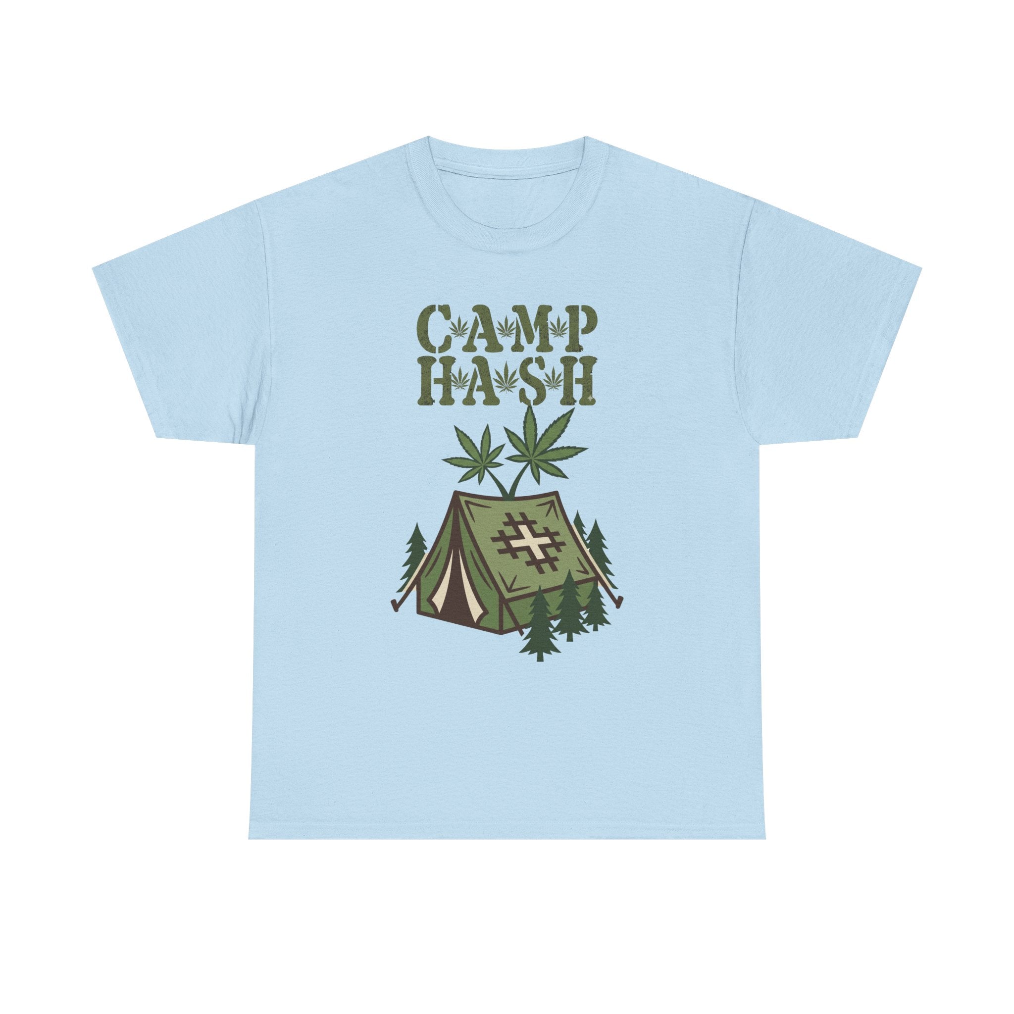 Camp Hash Cannabis Camping T‑Shirt — Retro Tent & Leaf Outdoor Smoke Tee