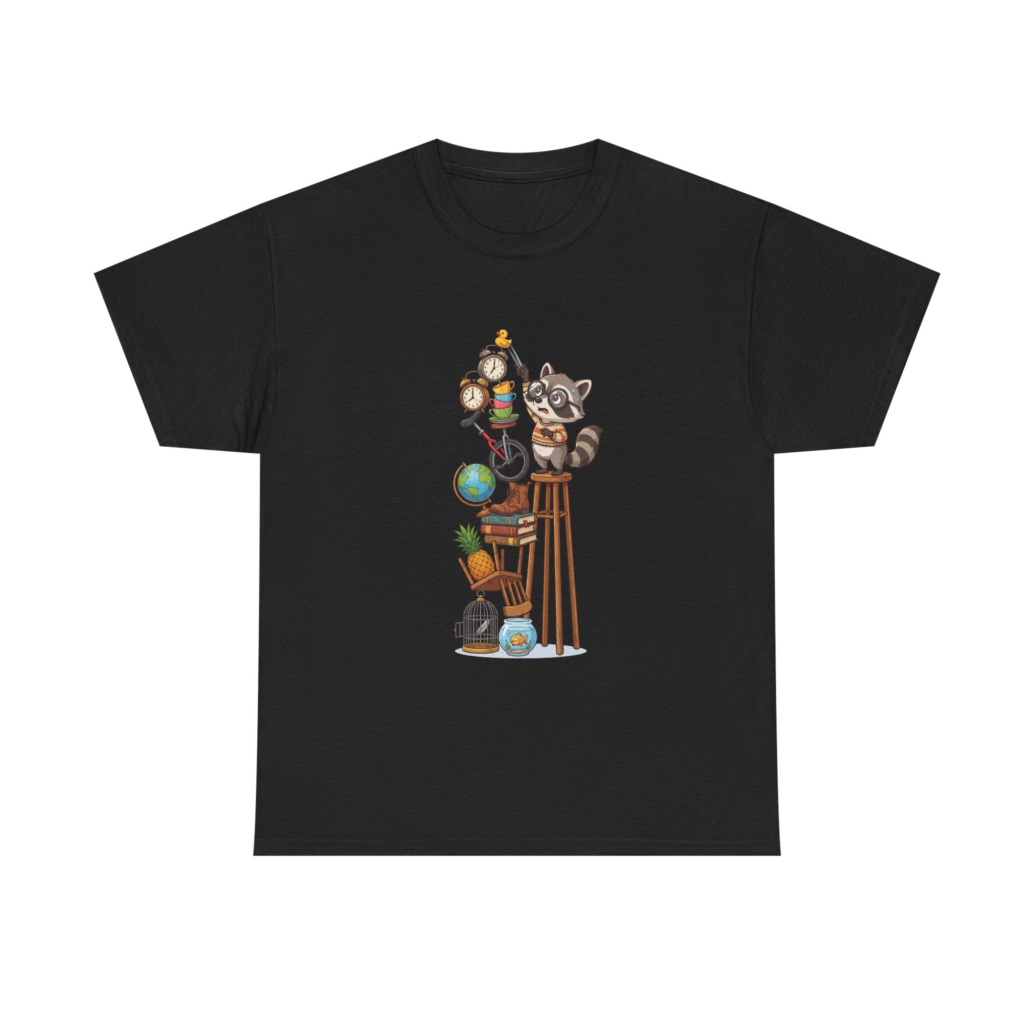 Raccoon & Curiosity Shelf T‑Shirt — Cute Scientist Animal Stack Graphic Tee