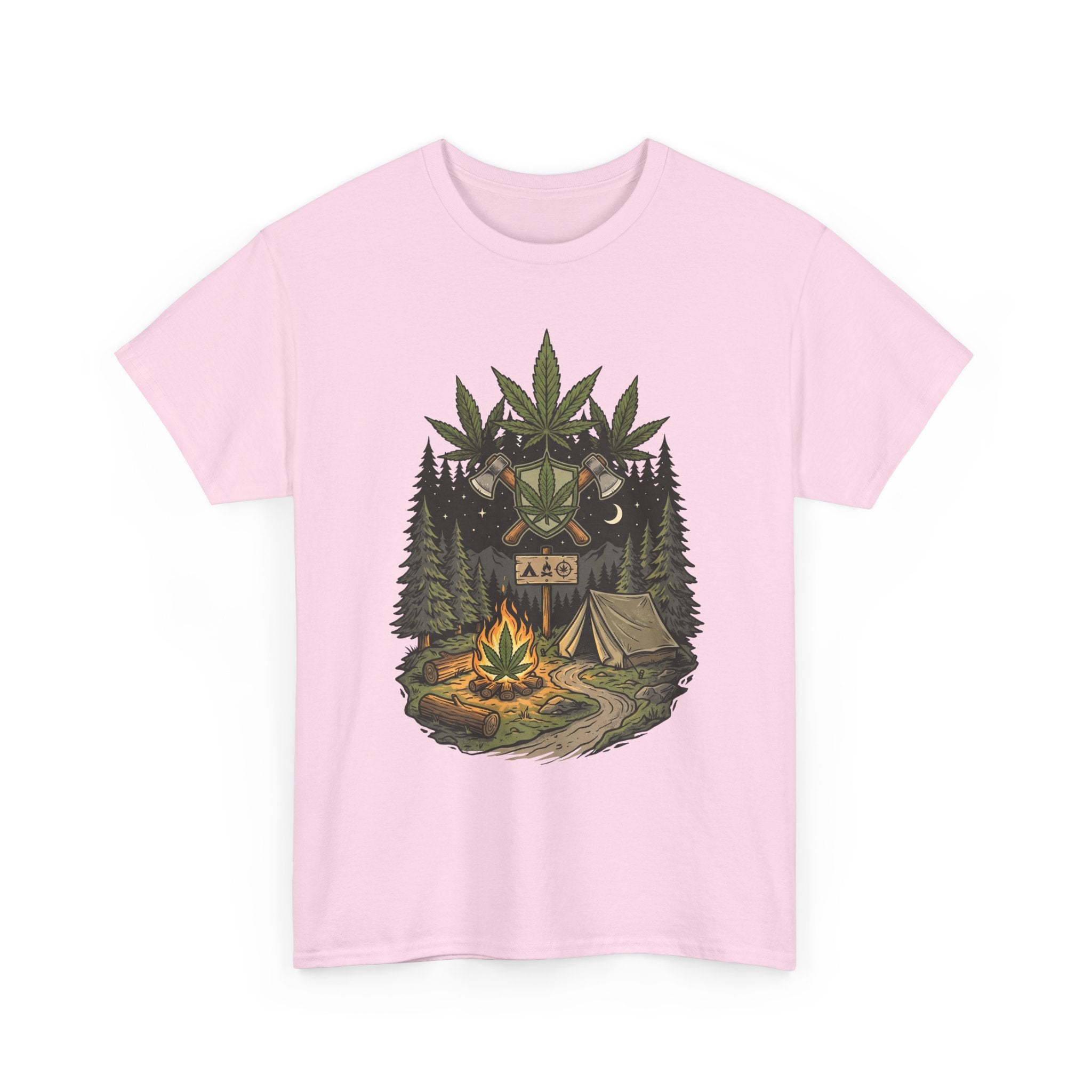 Camping Bear Graphic Tee — Forest Campfire & Leaf Emblem T-Shirt