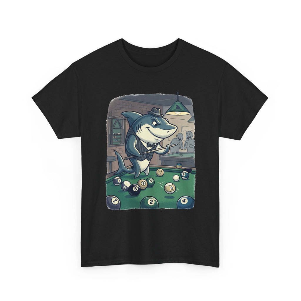 Shark Playing Pool T-Shirt – Funny Billiards Cartoon Tee
