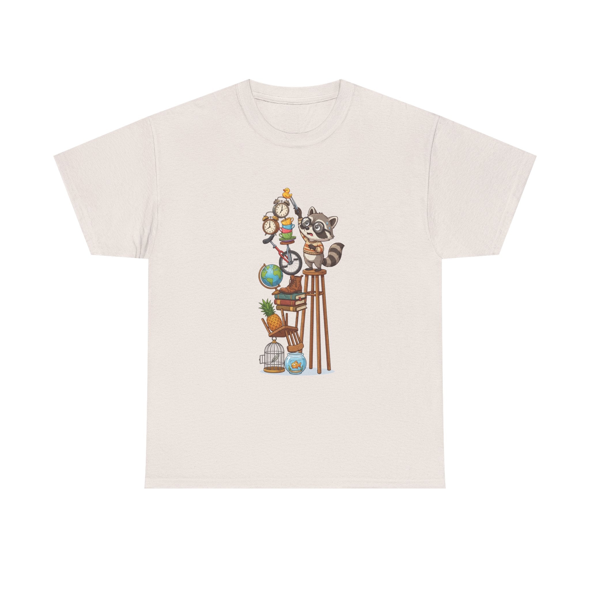 Raccoon & Curiosity Shelf T‑Shirt — Cute Scientist Animal Stack Graphic Tee