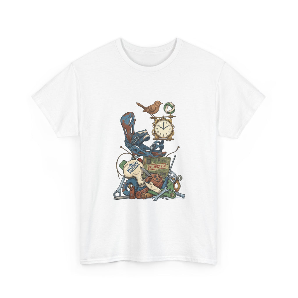Vintage Hobbies Stack T-Shirt — Retro Clock, Guitar & Tools Illustration