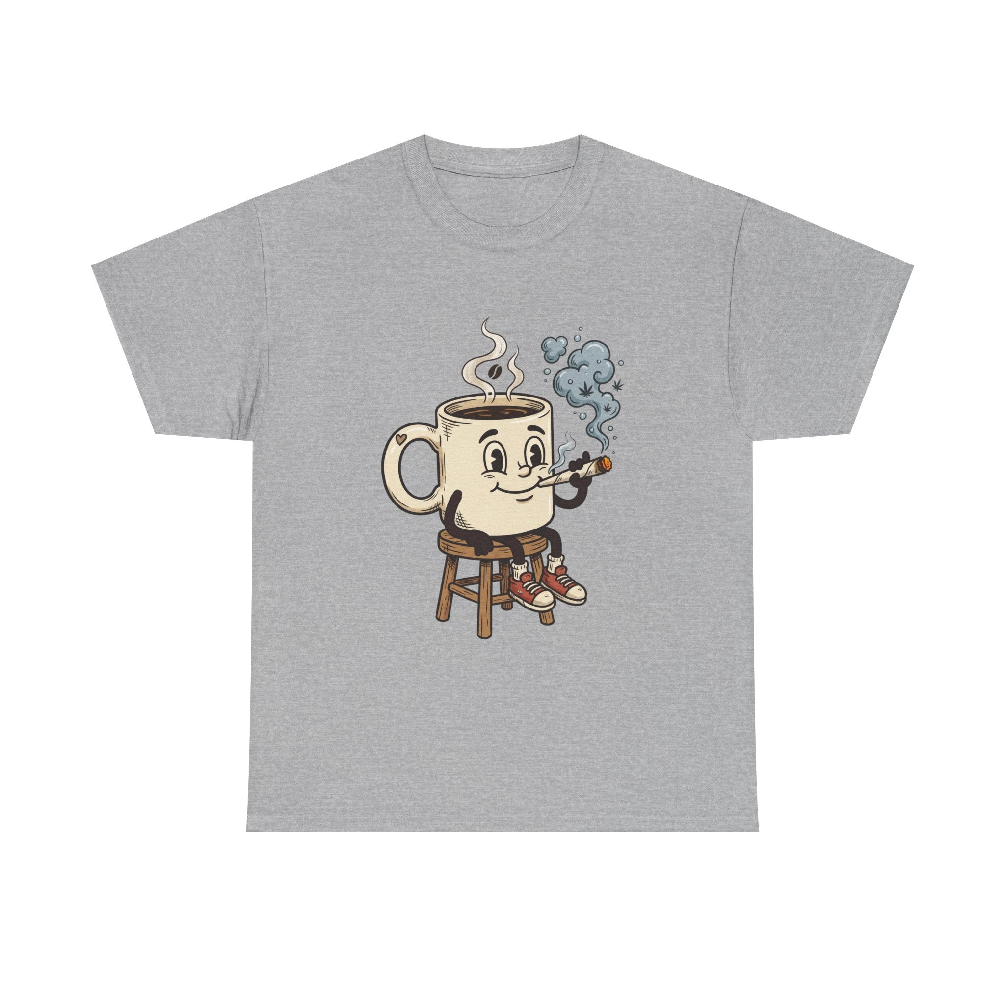 Coffee and a joint Character Tee — Retro Smiling Cup Smoking weed Graphic T-Shirt