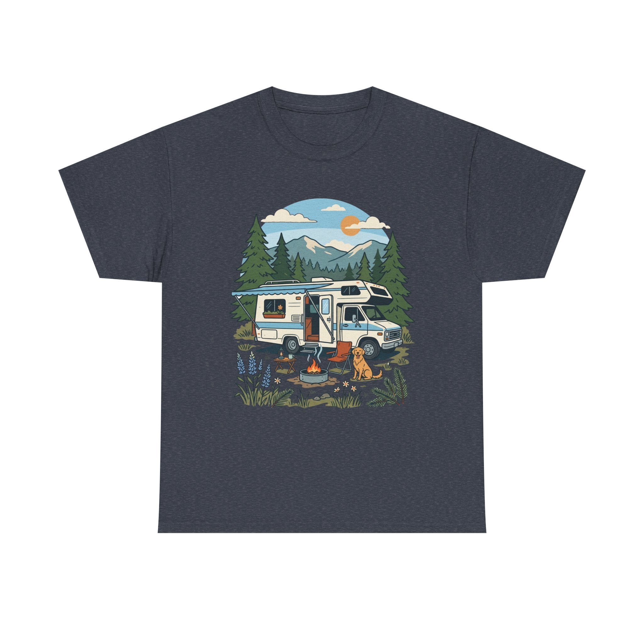Camper Van Camping T‑Shirt — Retro RV Campfire Graphic Tee for Outdoors Lovers