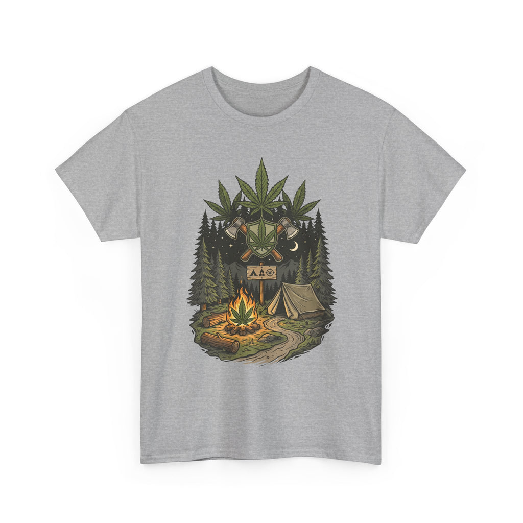 Camping Bear Graphic Tee — Forest Campfire & Leaf Emblem T-Shirt
