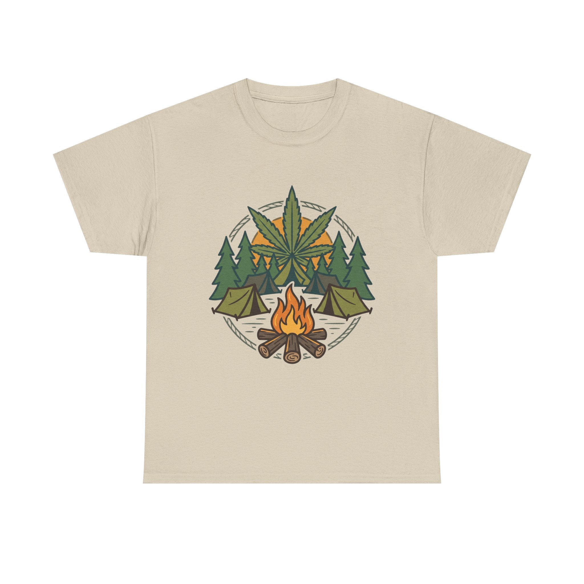 Camping Cannabis T‑Shirt – Outdoorsy Weed Leaf Campfire Graphic Tee