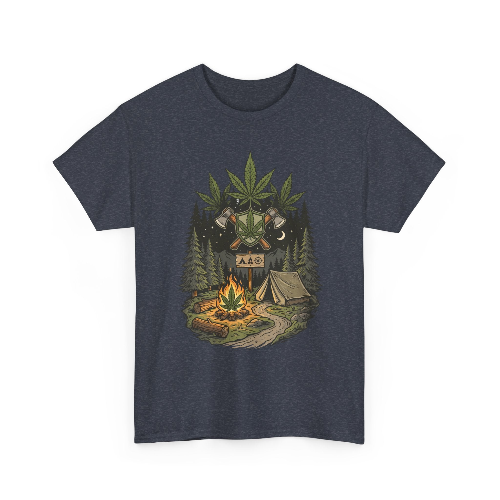 Camping Bear Graphic Tee — Forest Campfire & Leaf Emblem T-Shirt