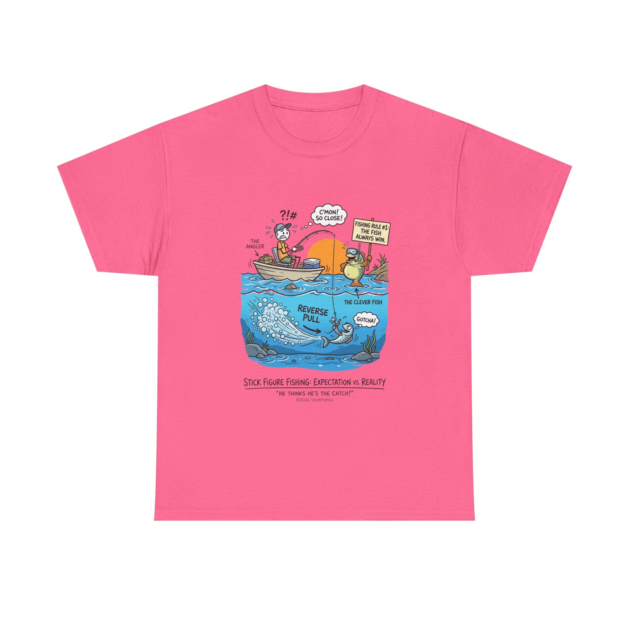 Fishing Cartoon T-Shirt — 'Reverse Take' Sunset Boating Tee