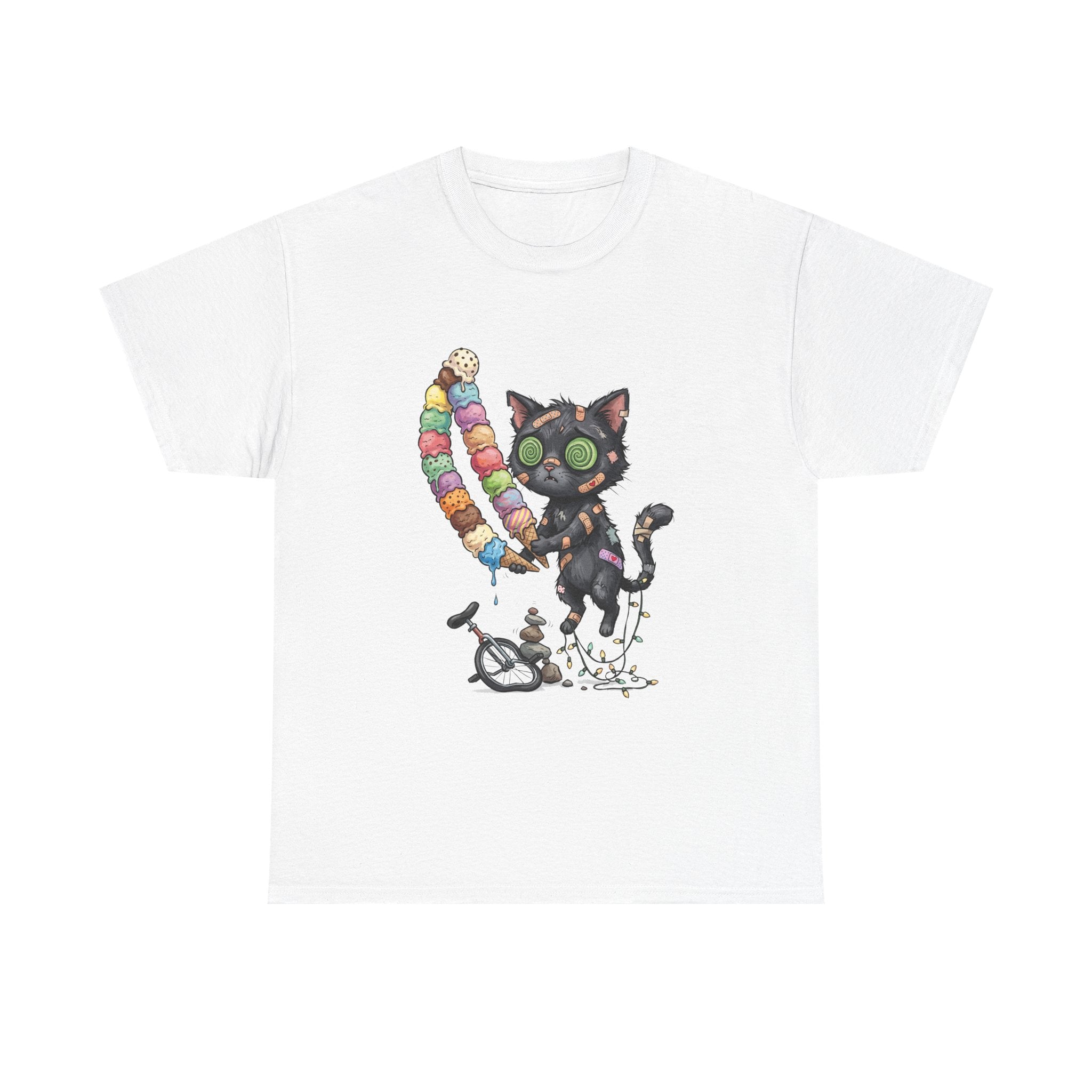 Cat with Ice Cream Graphic Tee — Cute Retro Kawaii Black Cat Holding Rainbow Ice Cream
