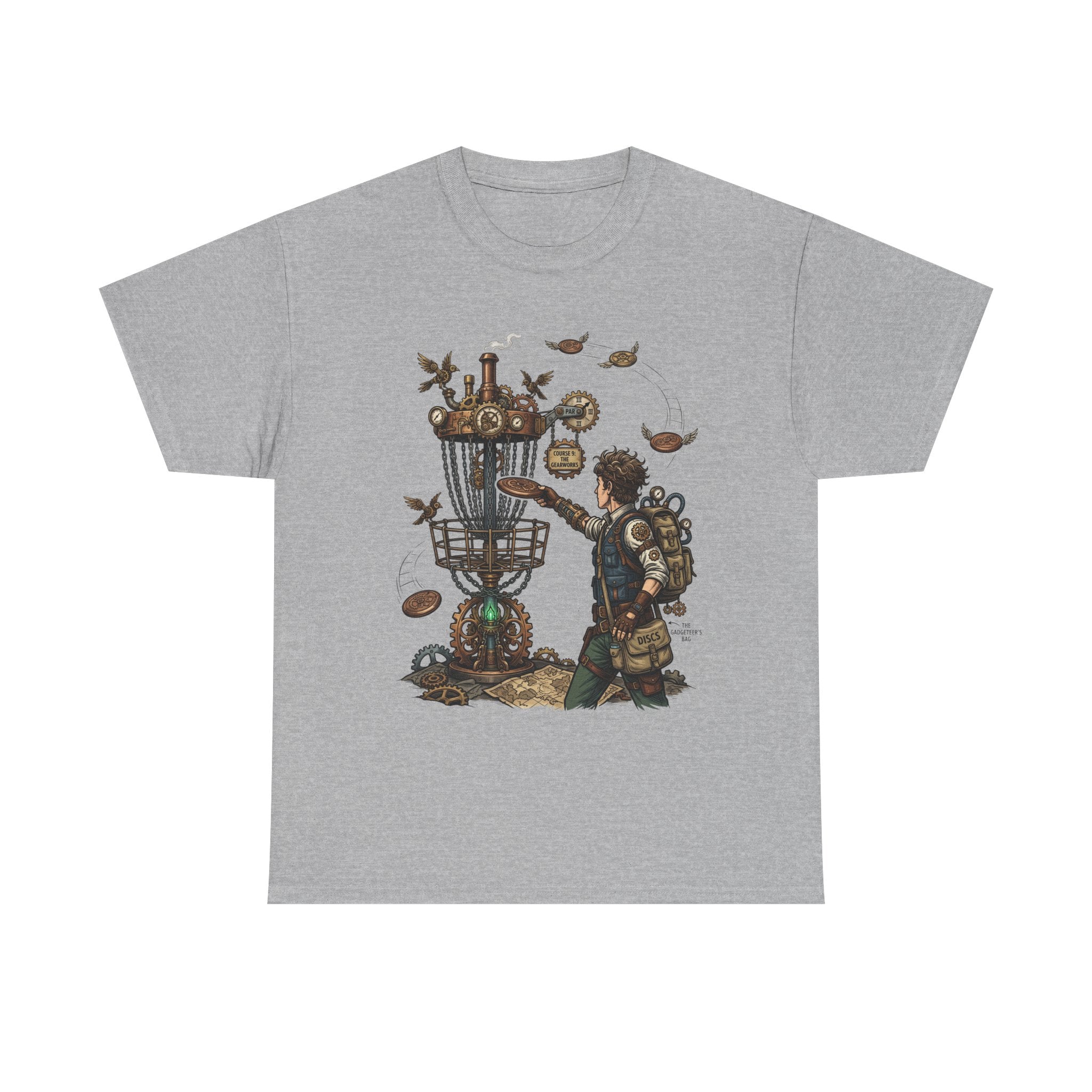 Disc Golf Adventure T‑Shirt — Steampunk Player & Birdie Basket Graphic Tee